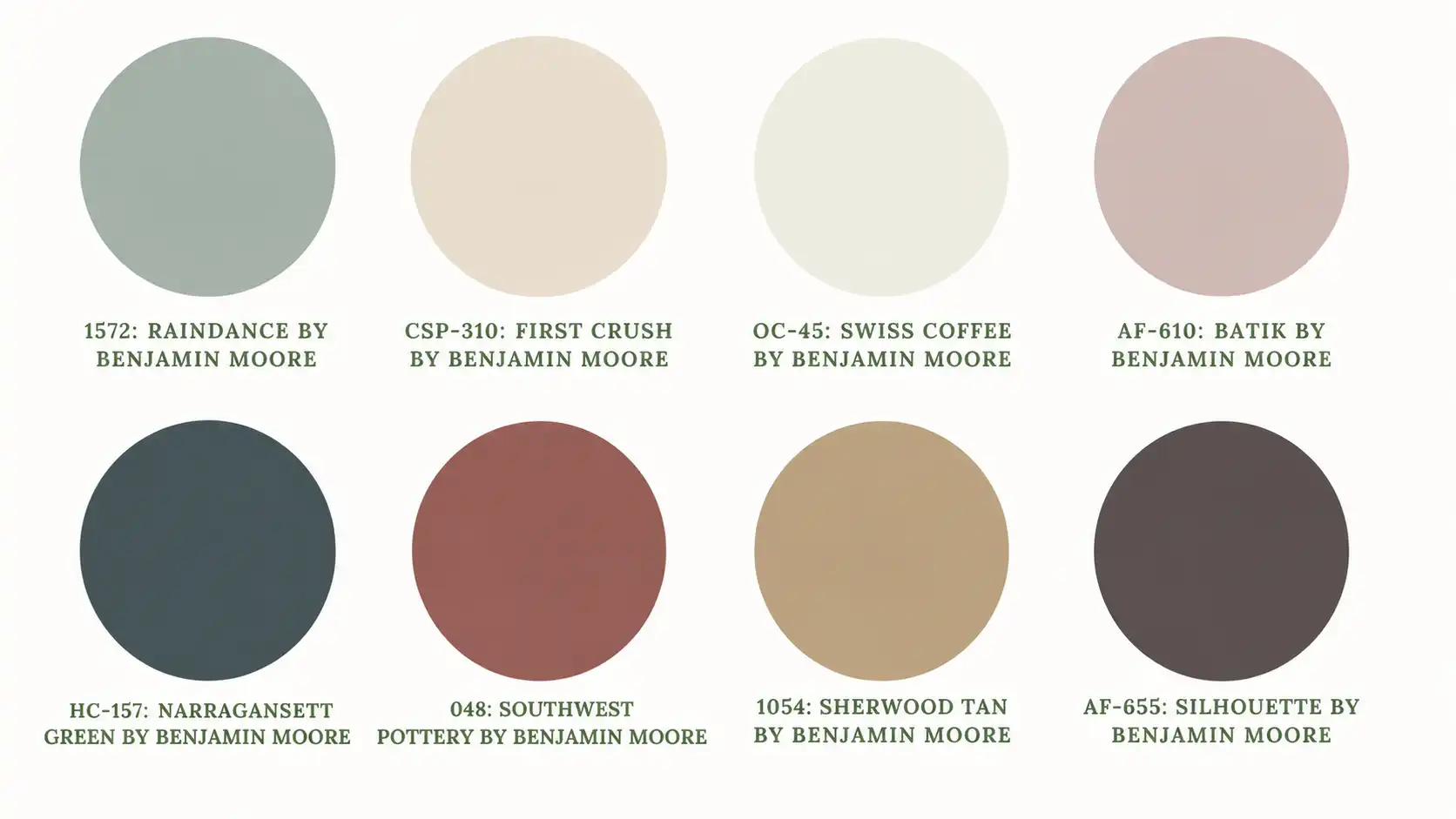 Benjamin Moore paint palette with eight labeled color swatches displayed as circles in two rows.