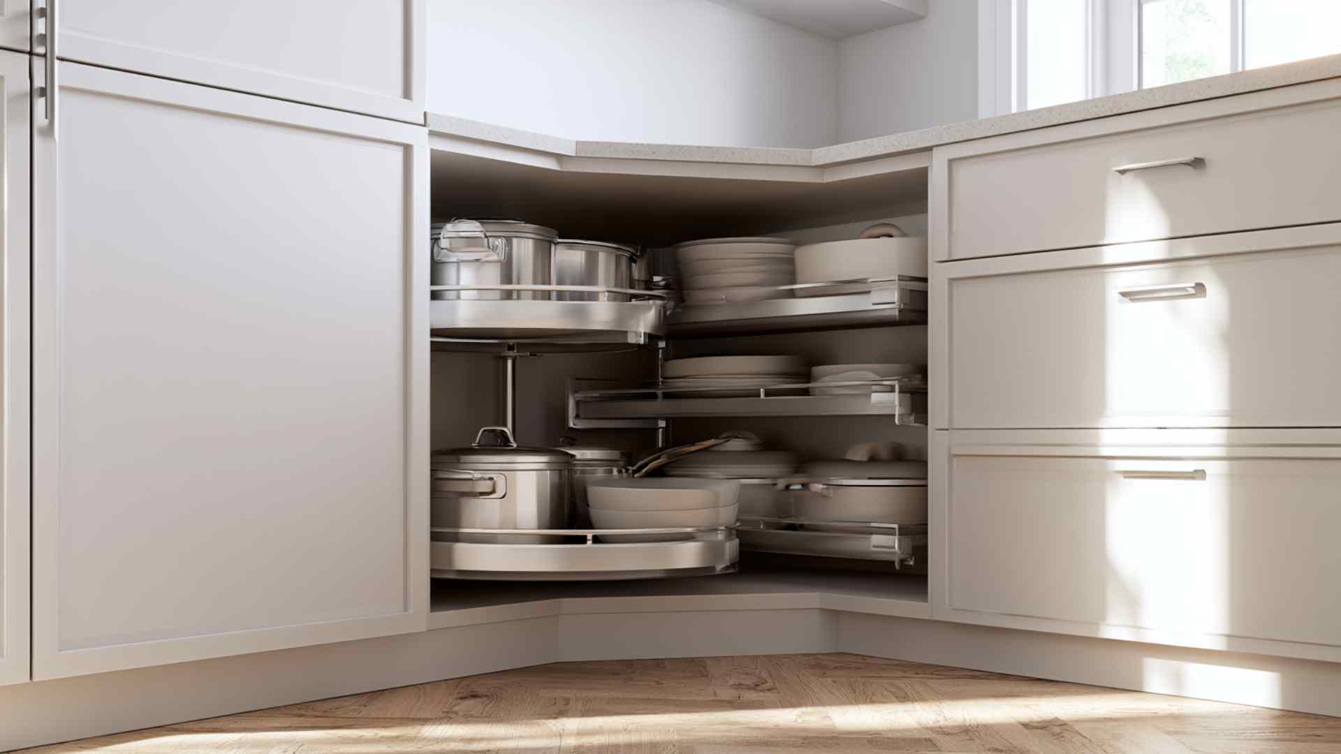 Kitchen corner cabinet with lazy Susan and pull-out storage showing organized cookware in modern bright interior