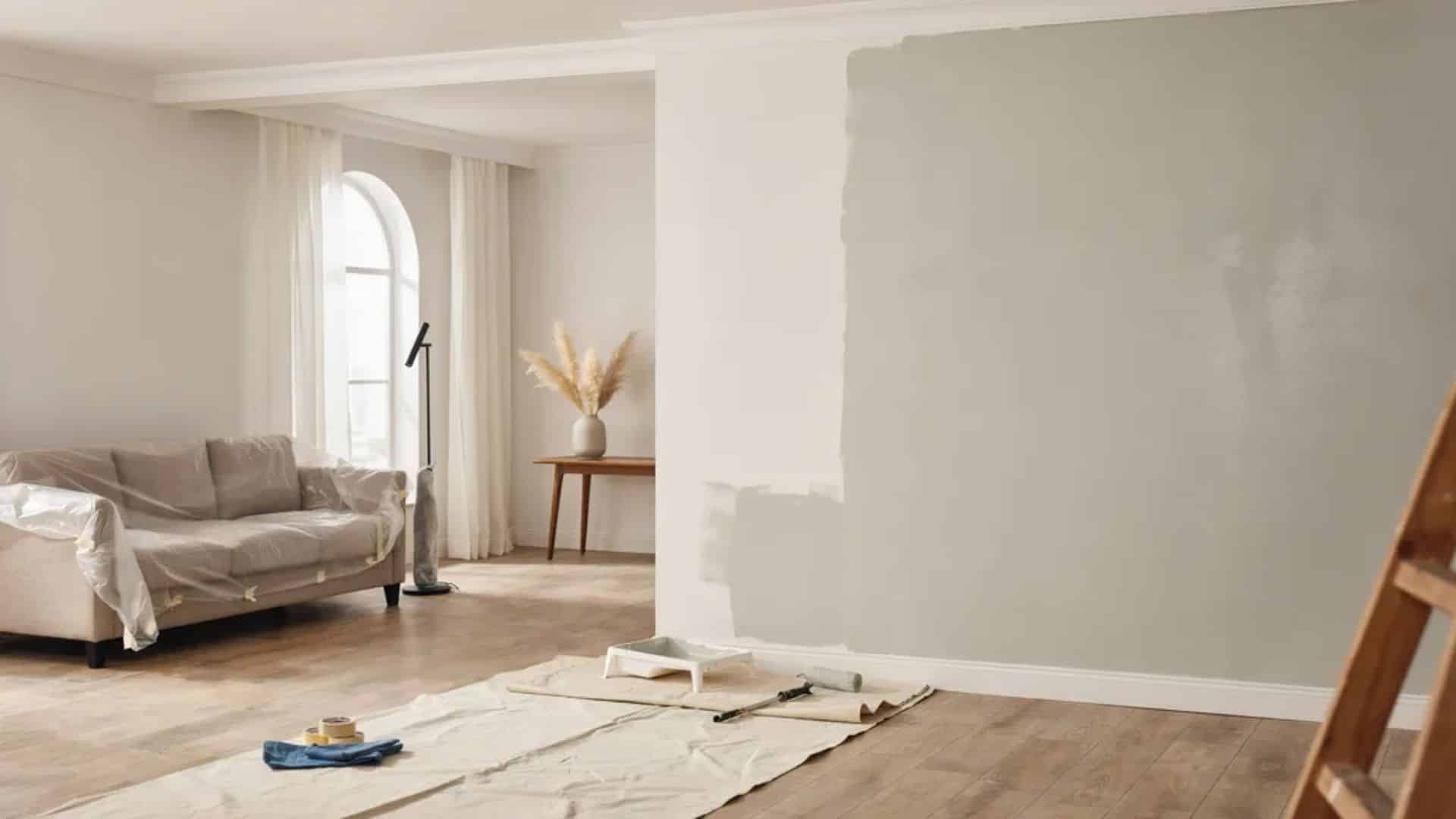 Modern living room interior mid painting with smooth wall finish paint tools and natural daylight renovation scene