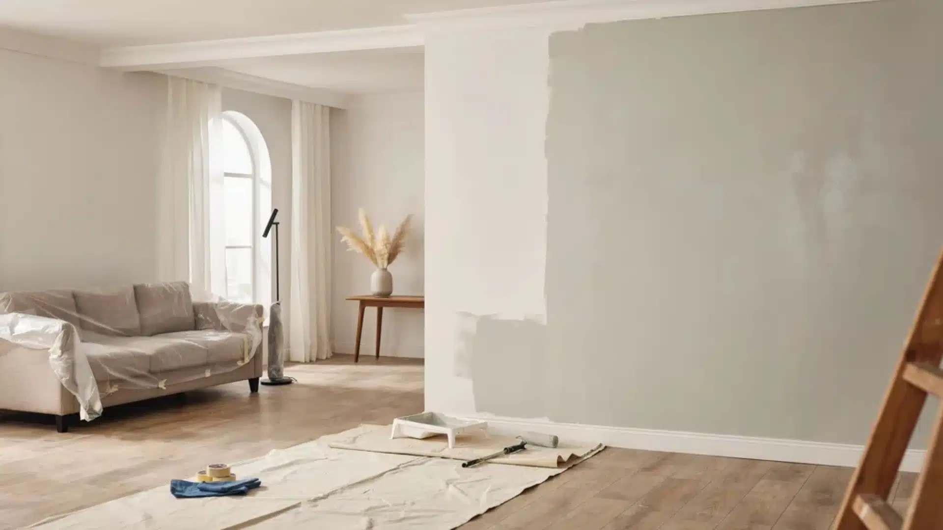 Modern living room interior mid painting with smooth wall finish paint tools and natural daylight renovation scene