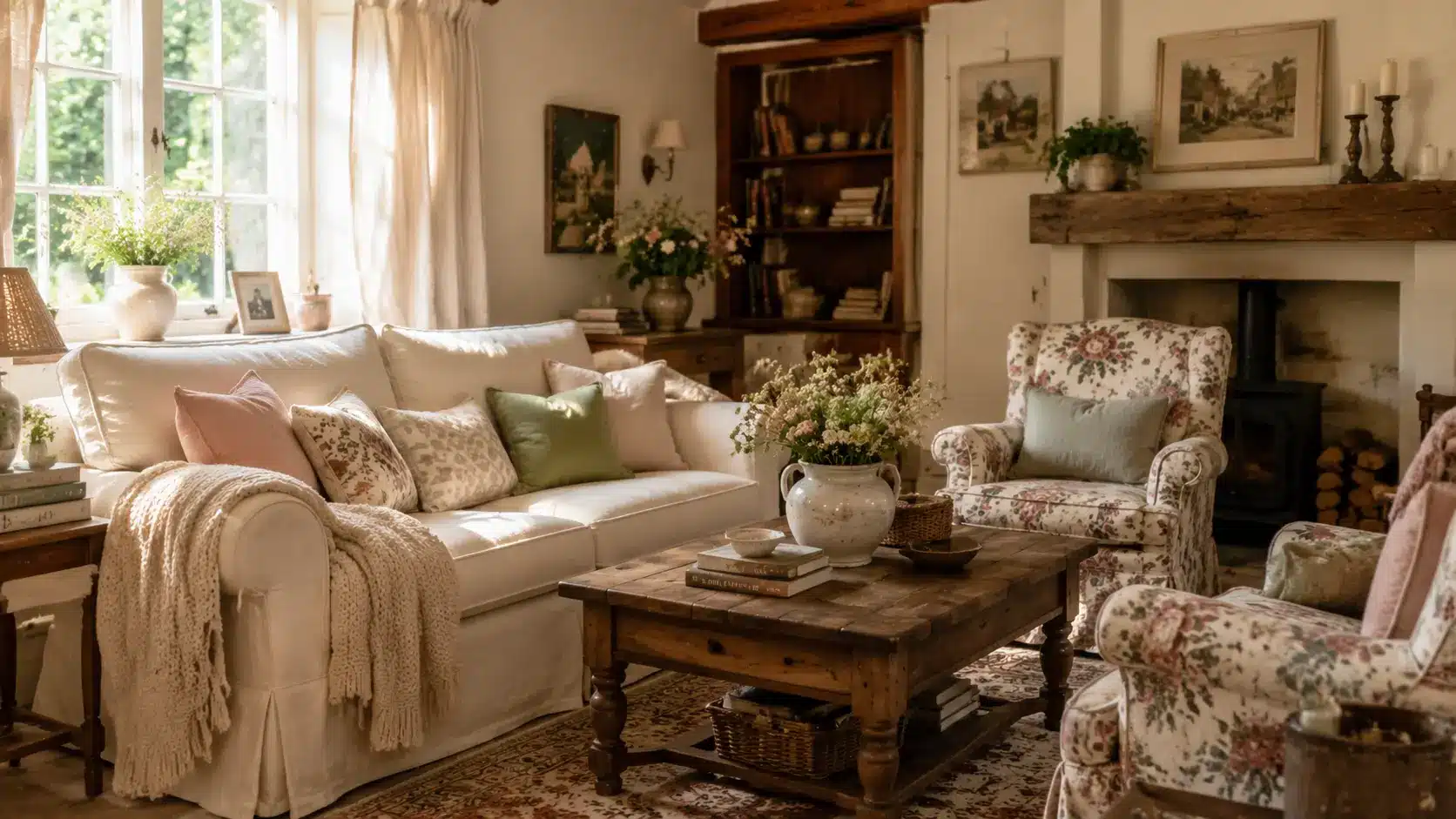 Cozy English cottage living room with layered soft furnishings