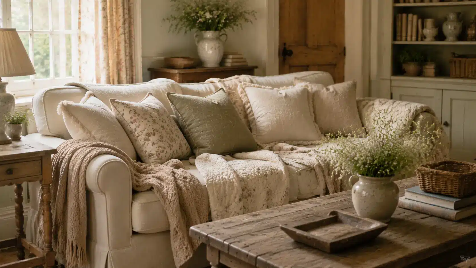 Cozy English cottage sofa with layered textiles