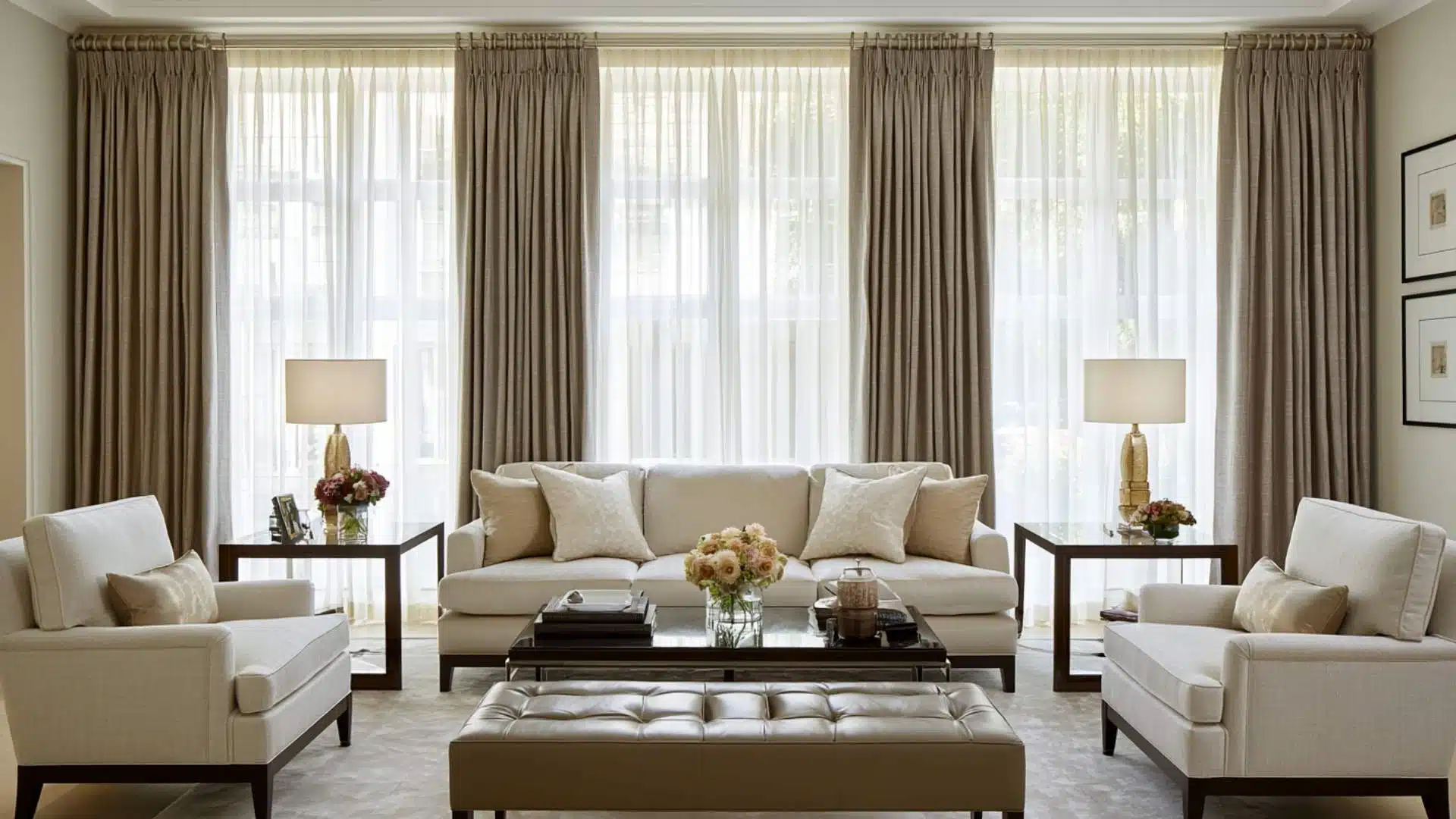 Taupe pinch pleat curtains layered over white sheers on floor-to-ceiling windows in a formal neutral living room