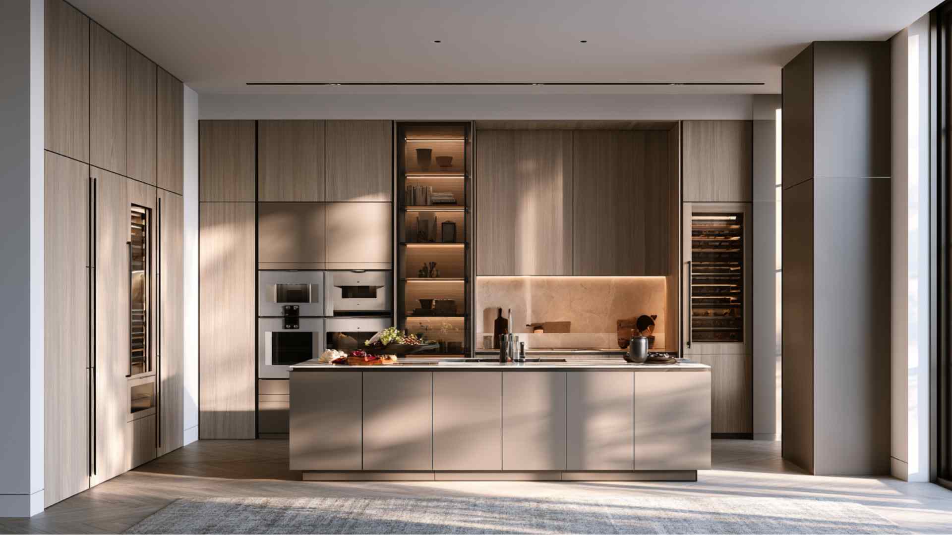 Custom kitchen cabinets perfectly fitted with luxury finishes and integrated appliances in high-end modern kitchen