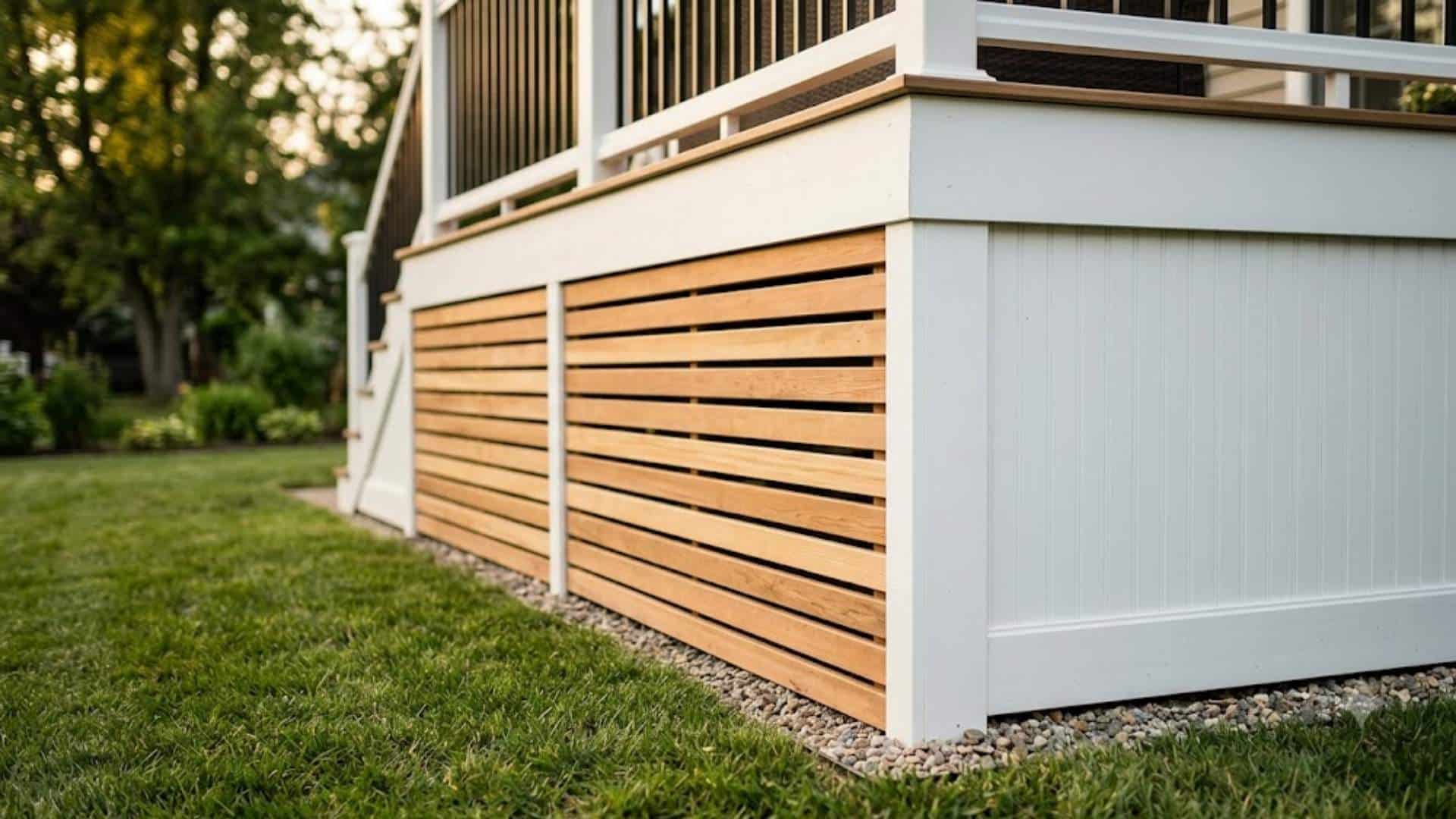 A backyard deck featuring horizontal cedar slat skirting next to white beadboard paneling during golden hour.