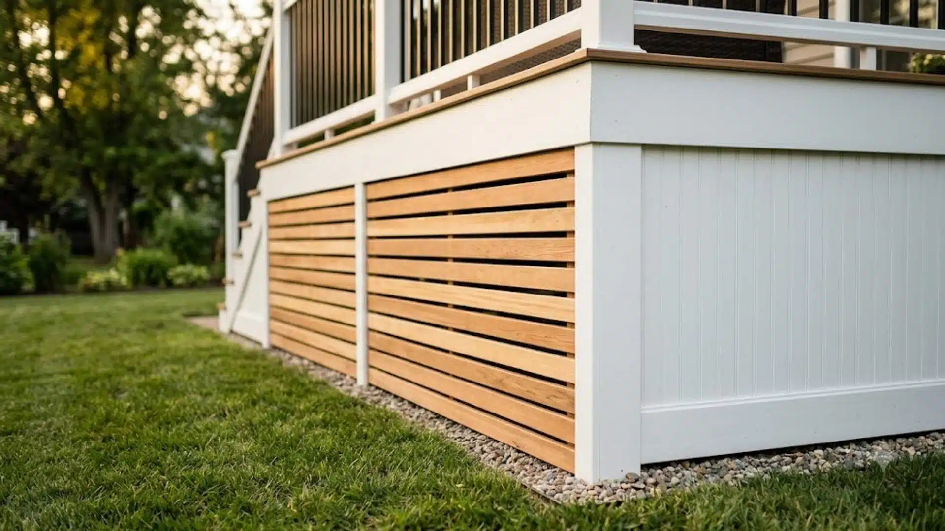 A backyard deck featuring horizontal cedar slat skirting next to white beadboard paneling during golden hour.