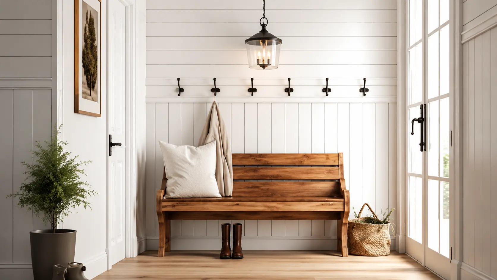 Bright entryway with white board and batten walls, wooden bench, coat hooks, pendant light, and glass patio doors.