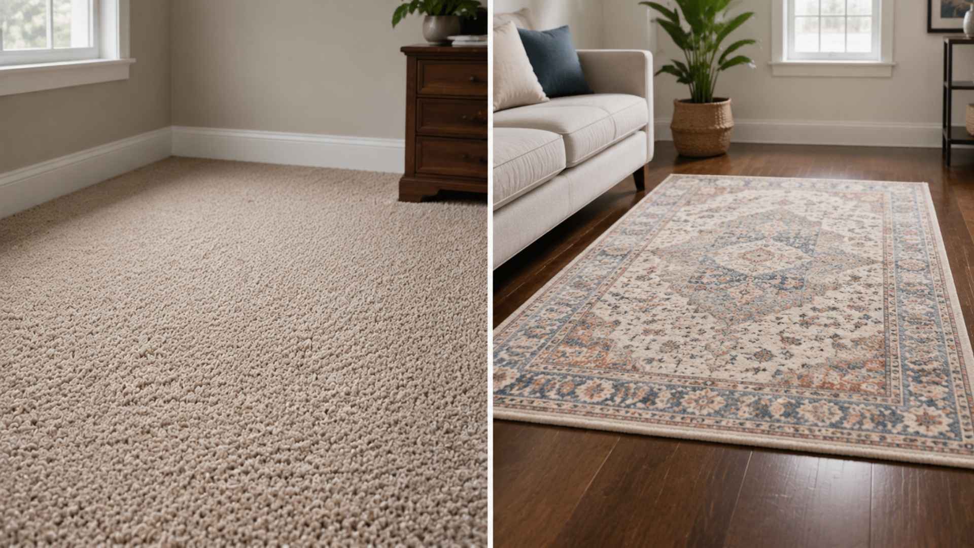 Minimal side-by-side interior showing carpeted room versus rug on hardwood floor