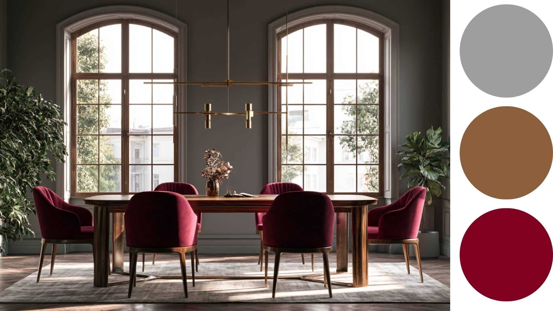 Elegant dining room with burgundy upholstered chairs, wooden table, and large arched windows with natural light.
