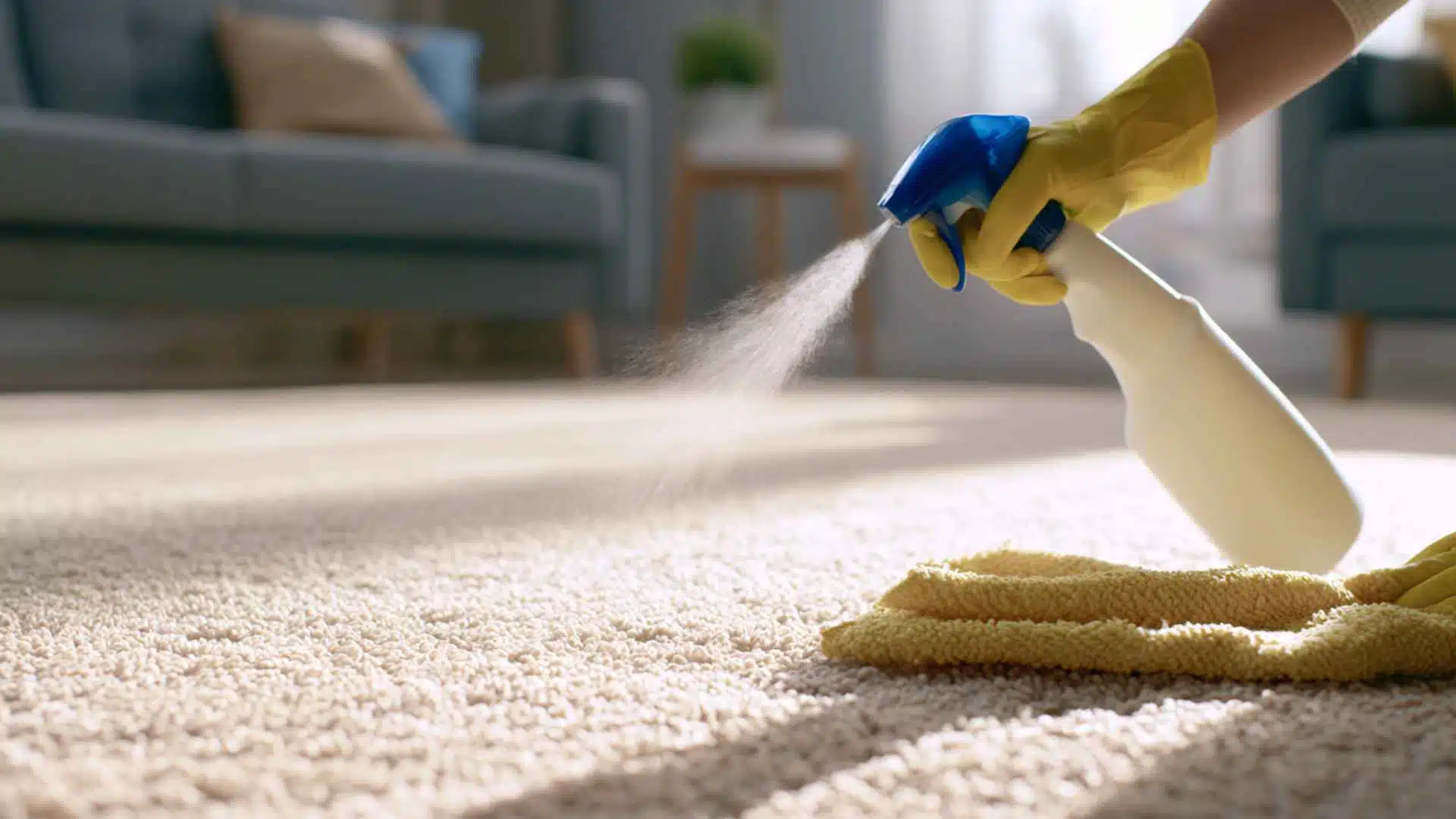 DIY carpet cleaning setup on modern living room carpet with spray bottle baking soda cloth and stain removal scene