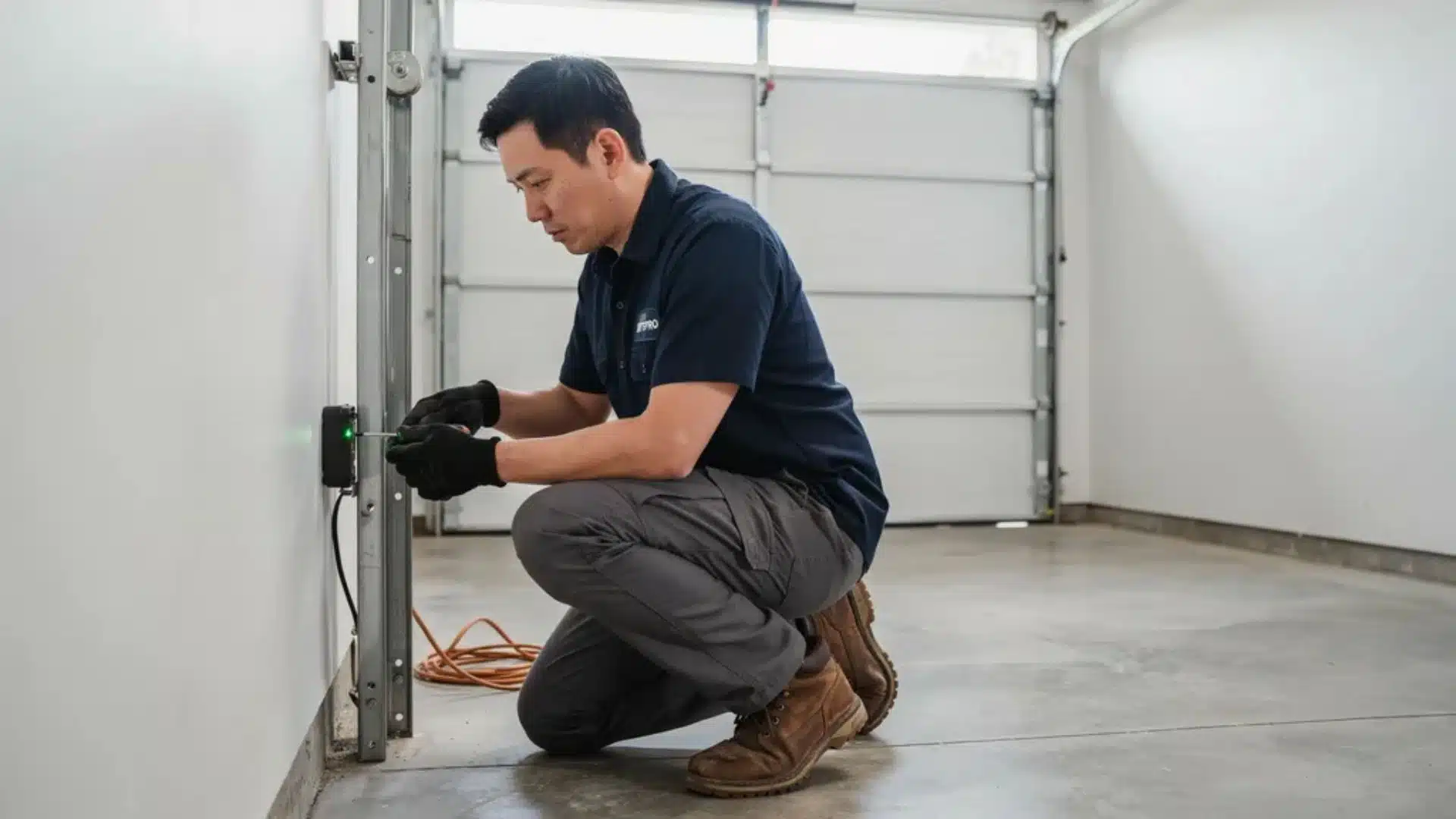 Technician loosening garage door sensor bracket screws for alignment adjustment