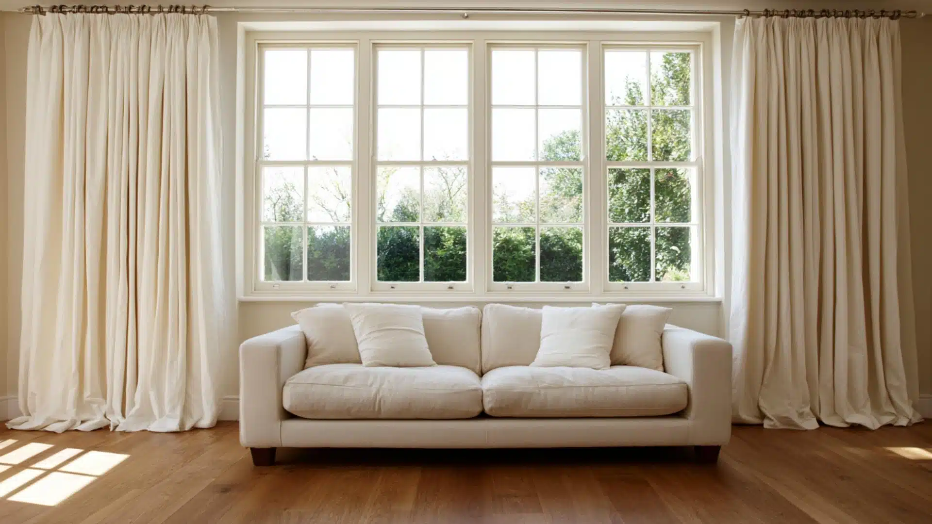 Cream double panel curtains on either side of a wide garden-view window in a neutral living room