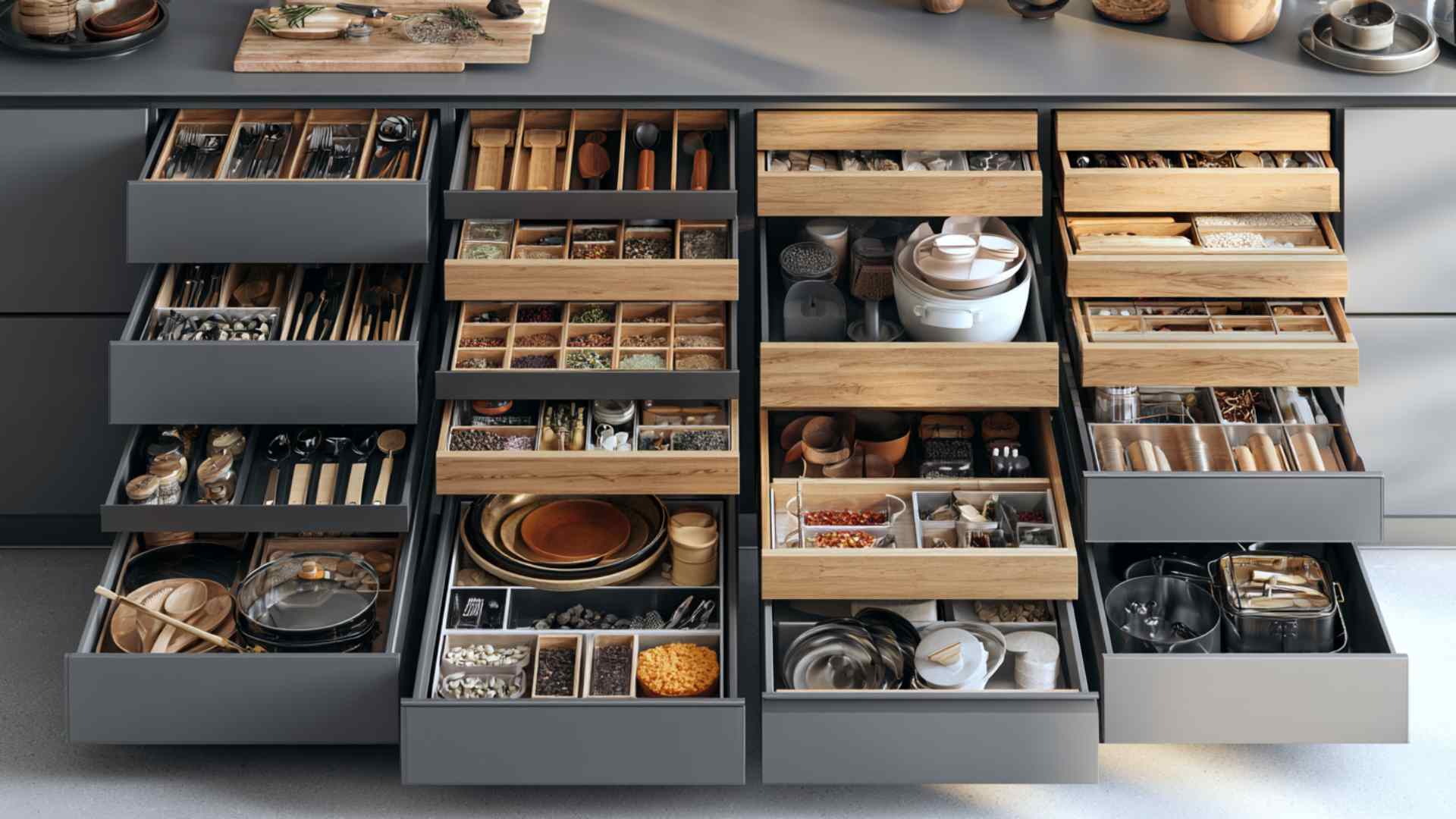 Kitchen drawer cabinet system open showing organized utensils, spices, and cookware in modern clean layout
