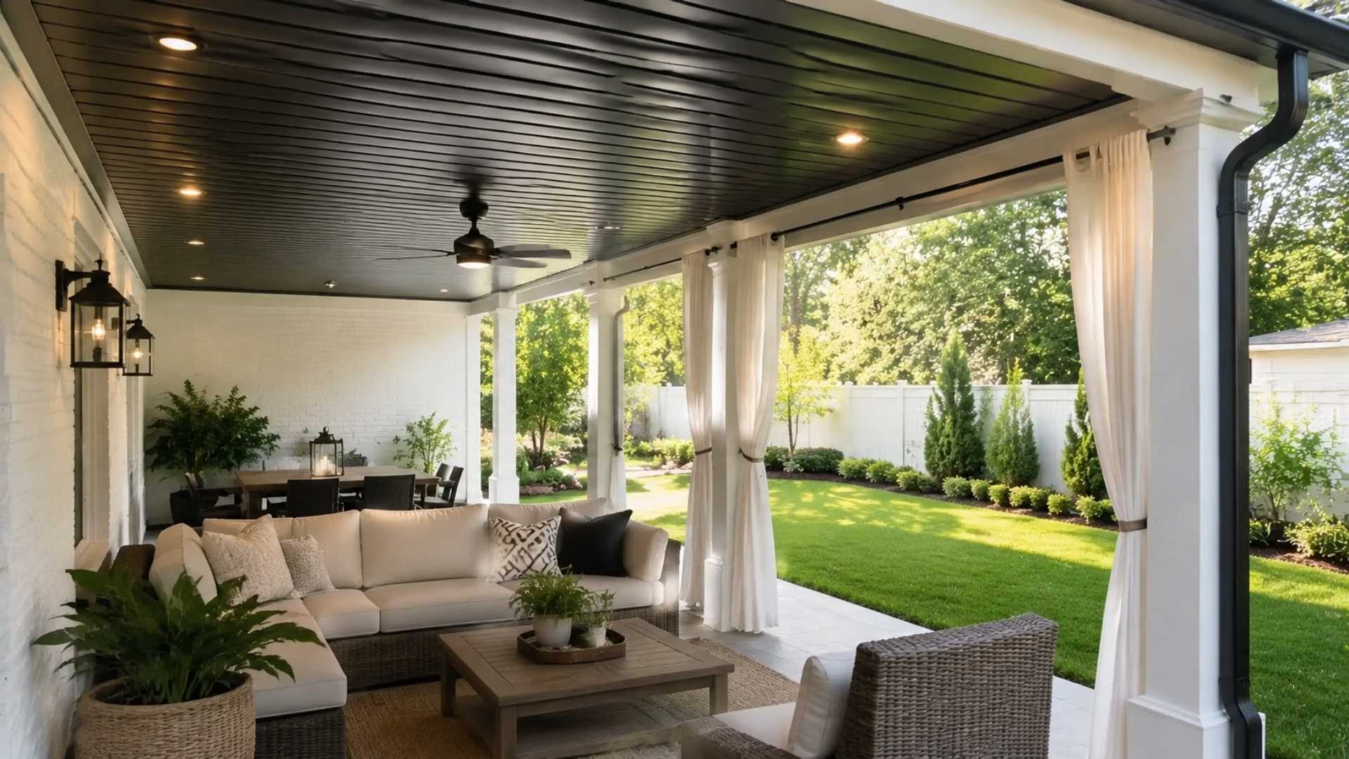 Outdoor setting with dry storage coffee table, woven sectional sofa, white curtains, and lawn