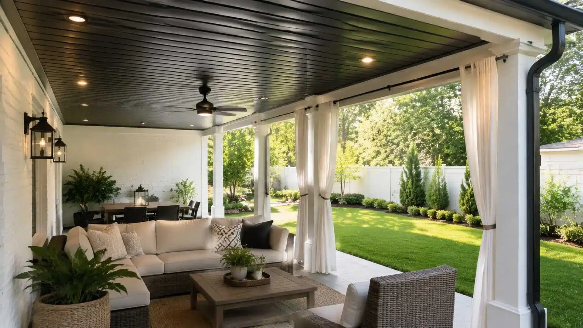 Outdoor setting with dry storage coffee table, woven sectional sofa, white curtains, and lawn