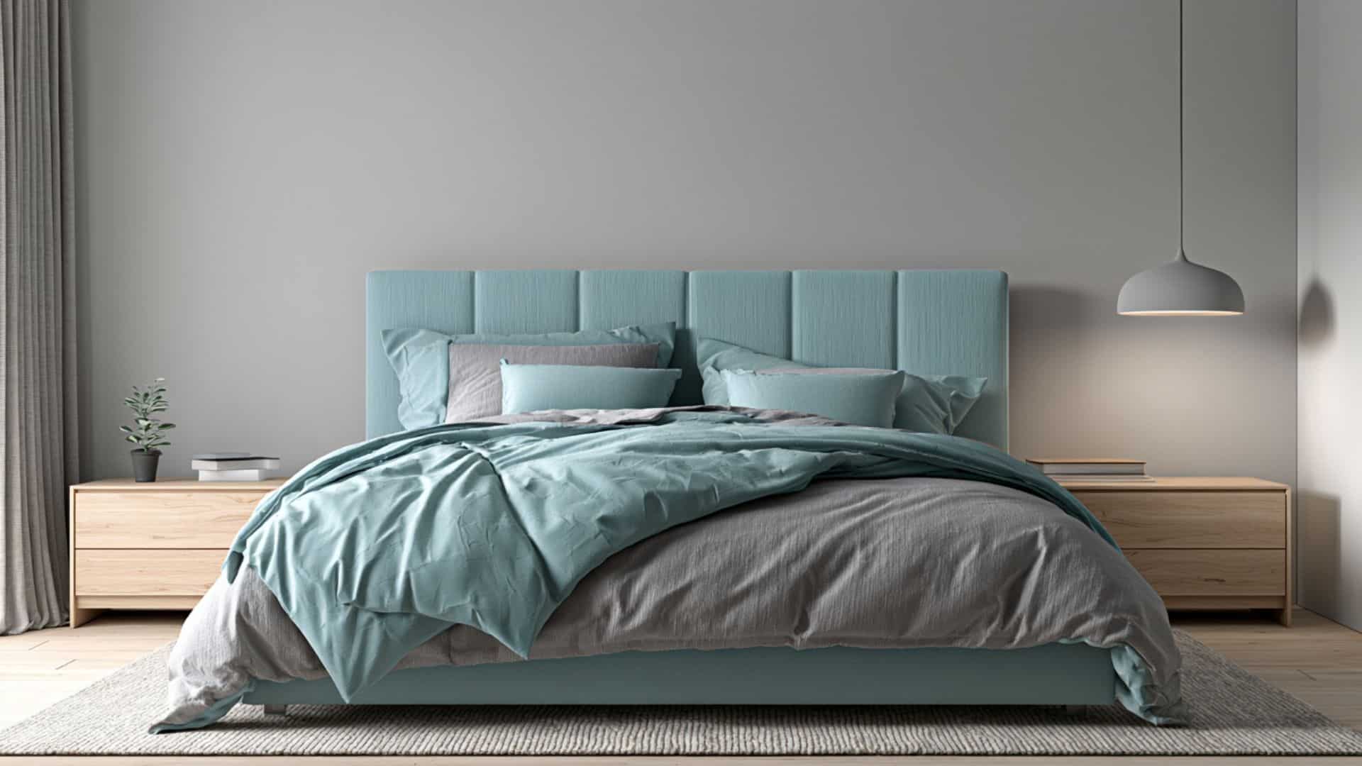 Dusty teal and gray living room with soft seating, balanced tones, and calm contemporary interior design.