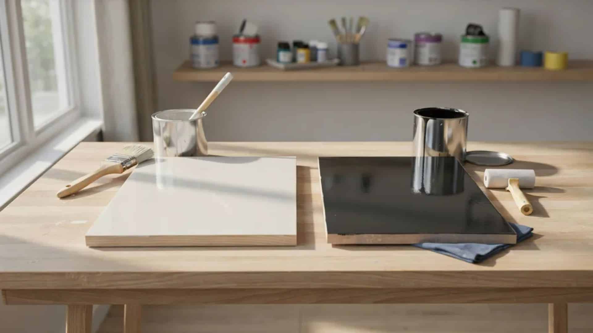 Wood and metal surfaces showing glossy enamel paint finishes in bright home workspace comparing oil and water based types