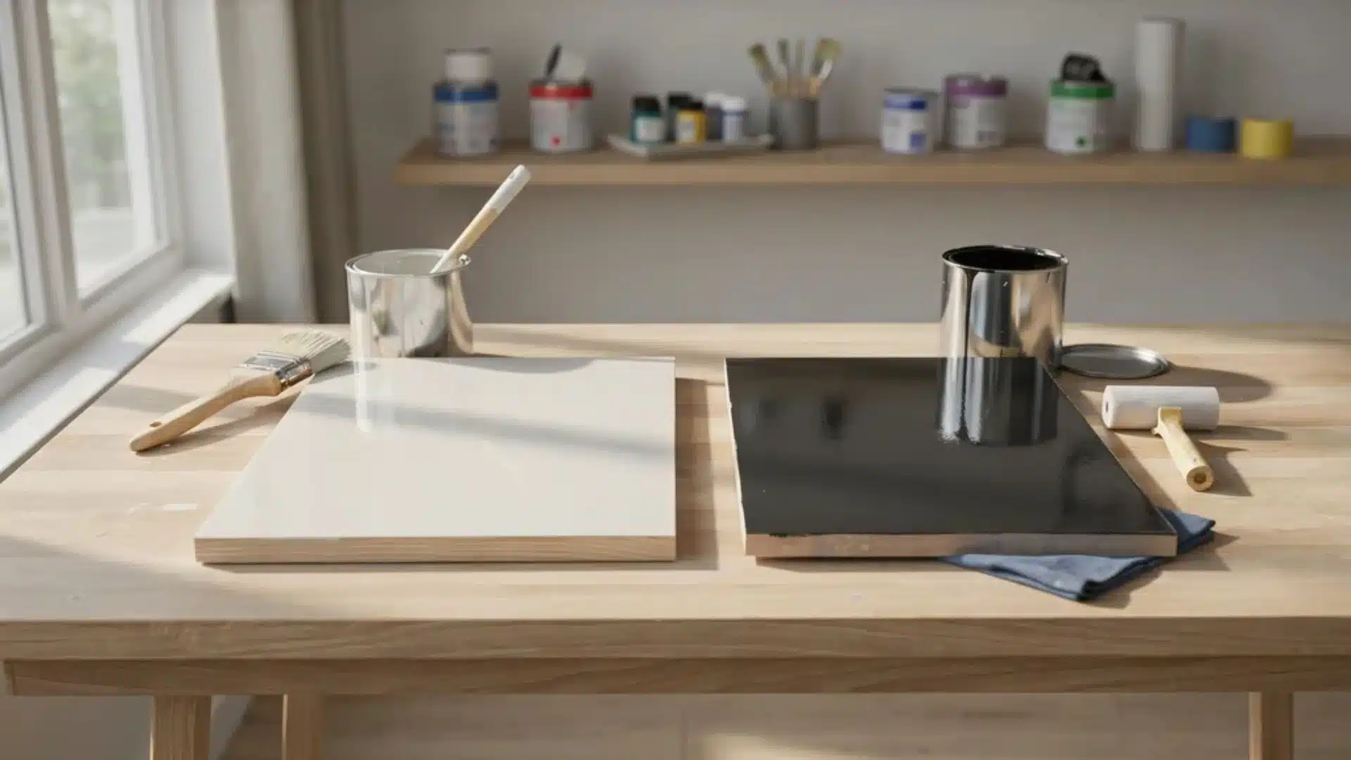 Wood and metal surfaces showing glossy enamel paint finishes in bright home workspace comparing oil and water based types