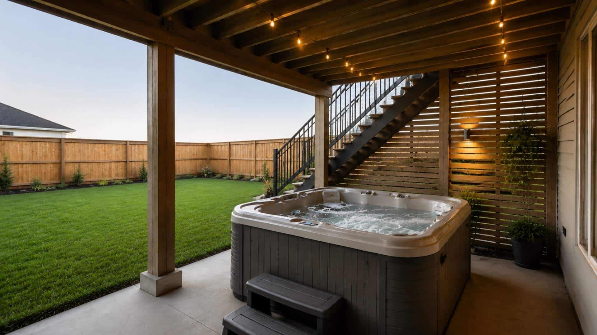 Hot tub under the deck with wooden patio, warm string lights, open lawn and fenced yard .