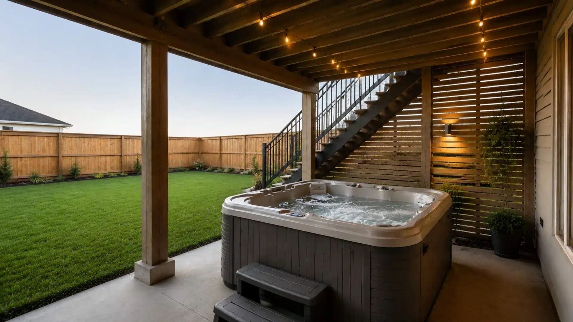 Hot tub under the deck with wooden patio, warm string lights, open lawn and fenced yard .