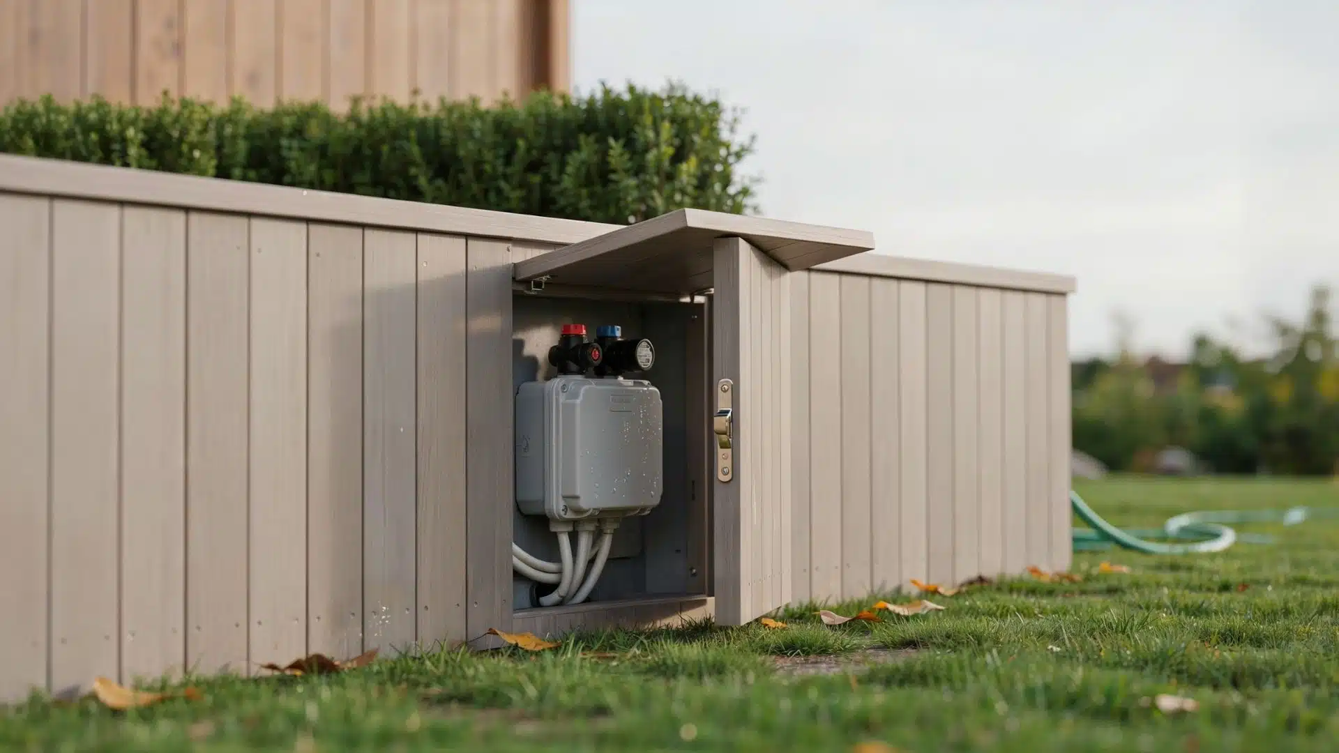 Beige enclosed utility deck skirting panel opened to reveal water shutoff valves and meter box.
