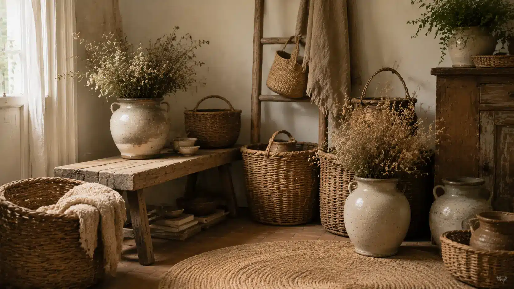 English cottage decor with woven baskets and natural textures