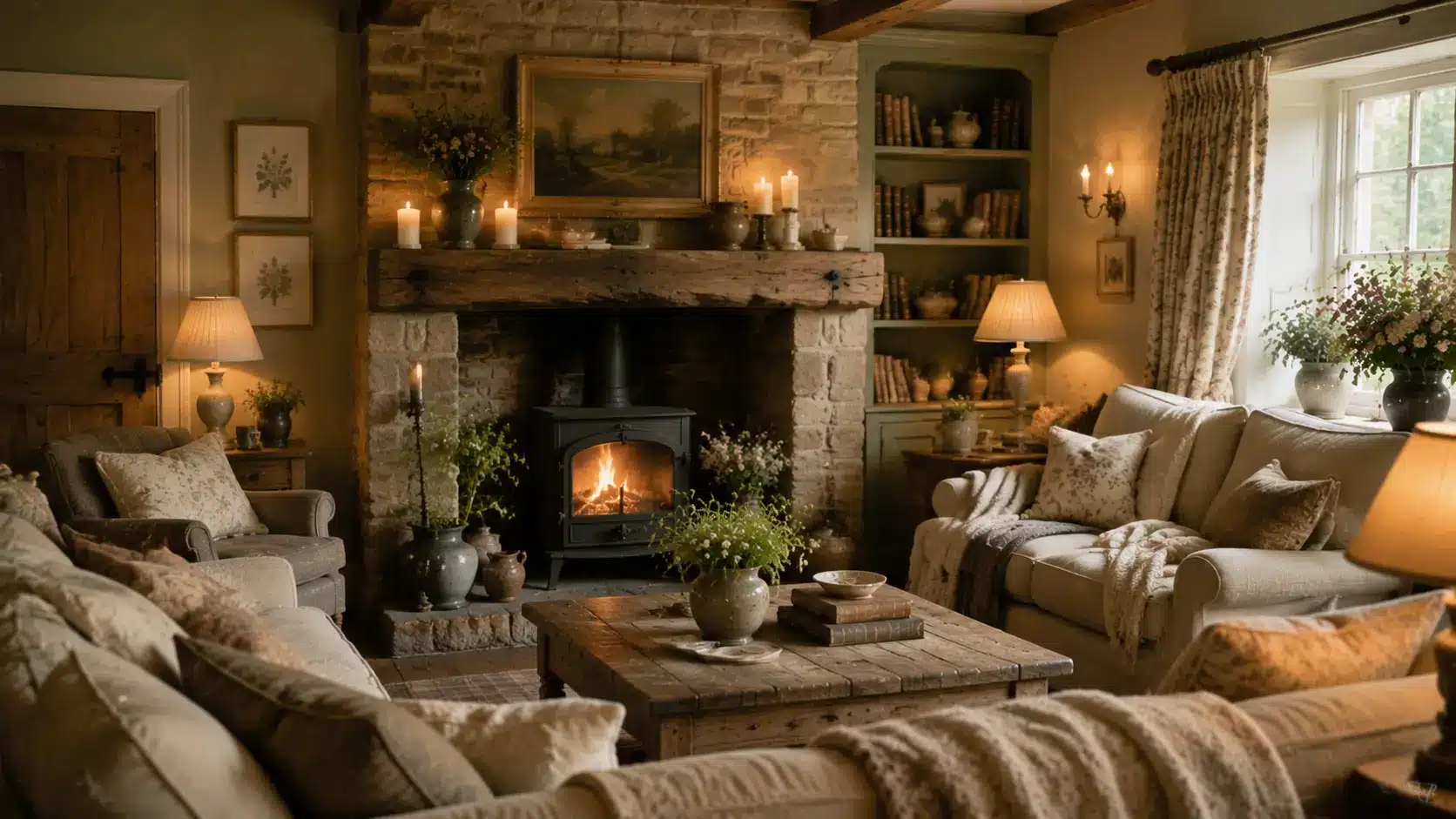 English cottage fireplace with candles and vintage decor