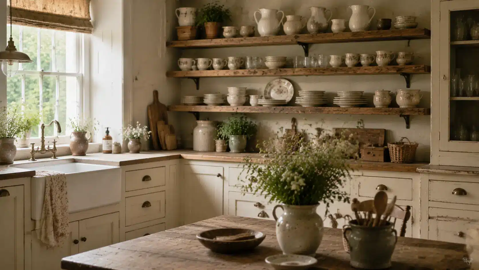 English cottage kitchen with open wooden shelves
