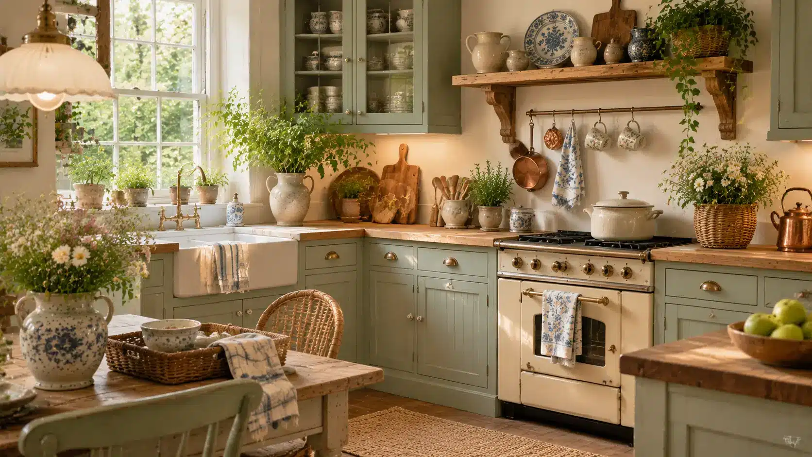 English cottage kitchen with rustic painted cabinets