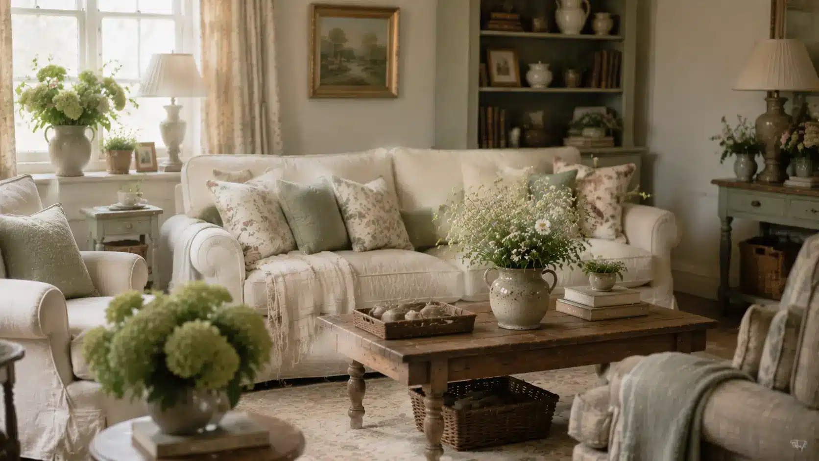 English cottage living room with a linen slipcovered sofa.