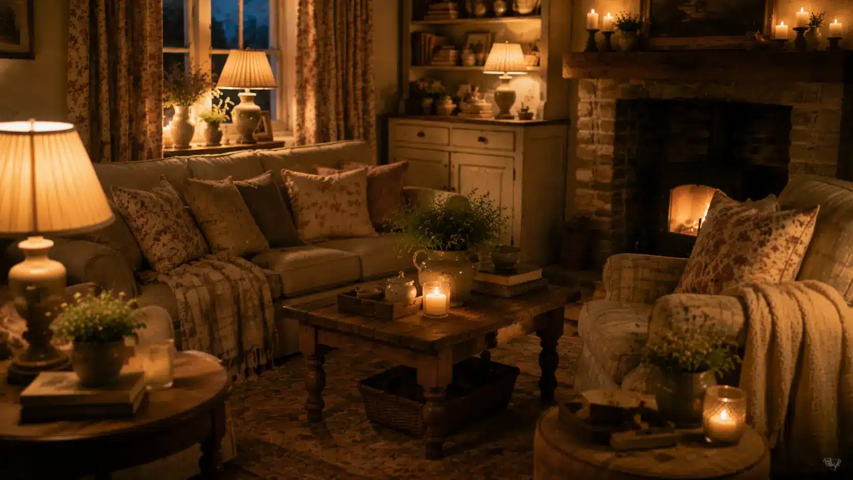 English cottage living room with warm ambient lighting