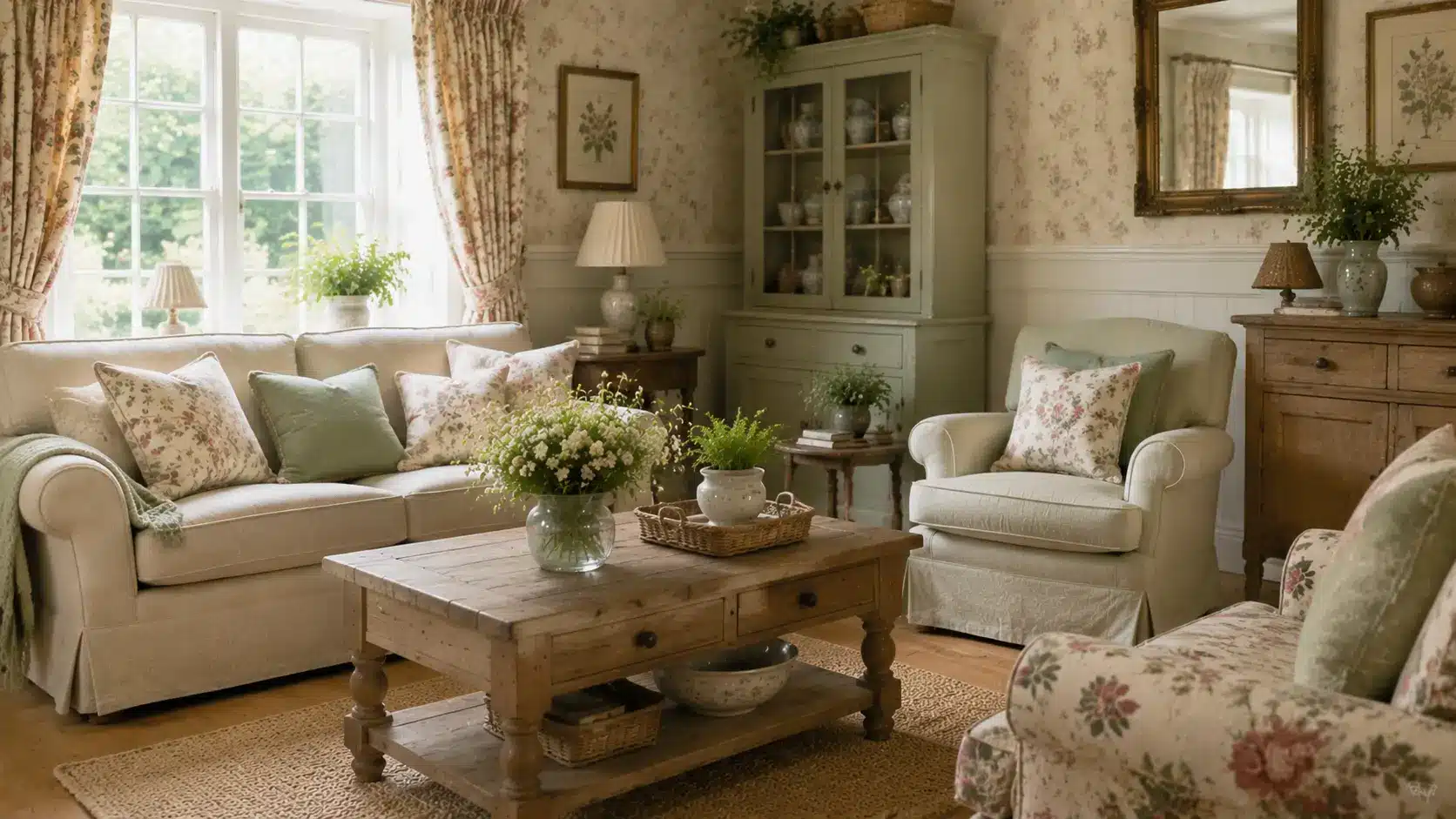 English cottage room with floral and botanical patterns