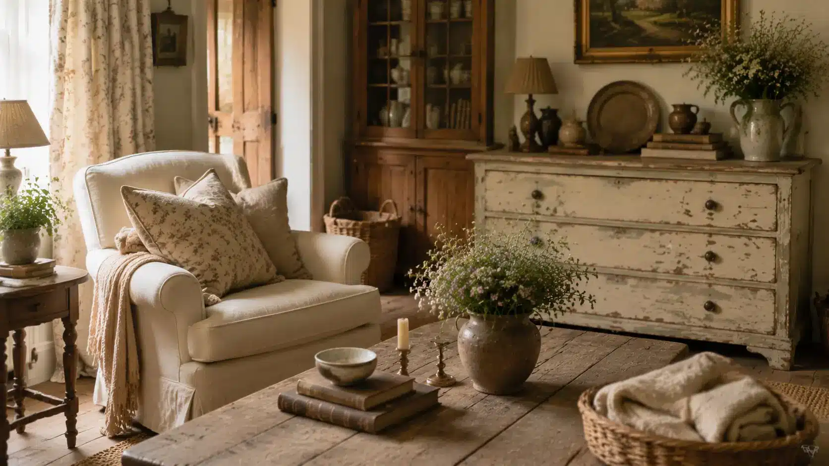 English cottage room with layered vintage furniture