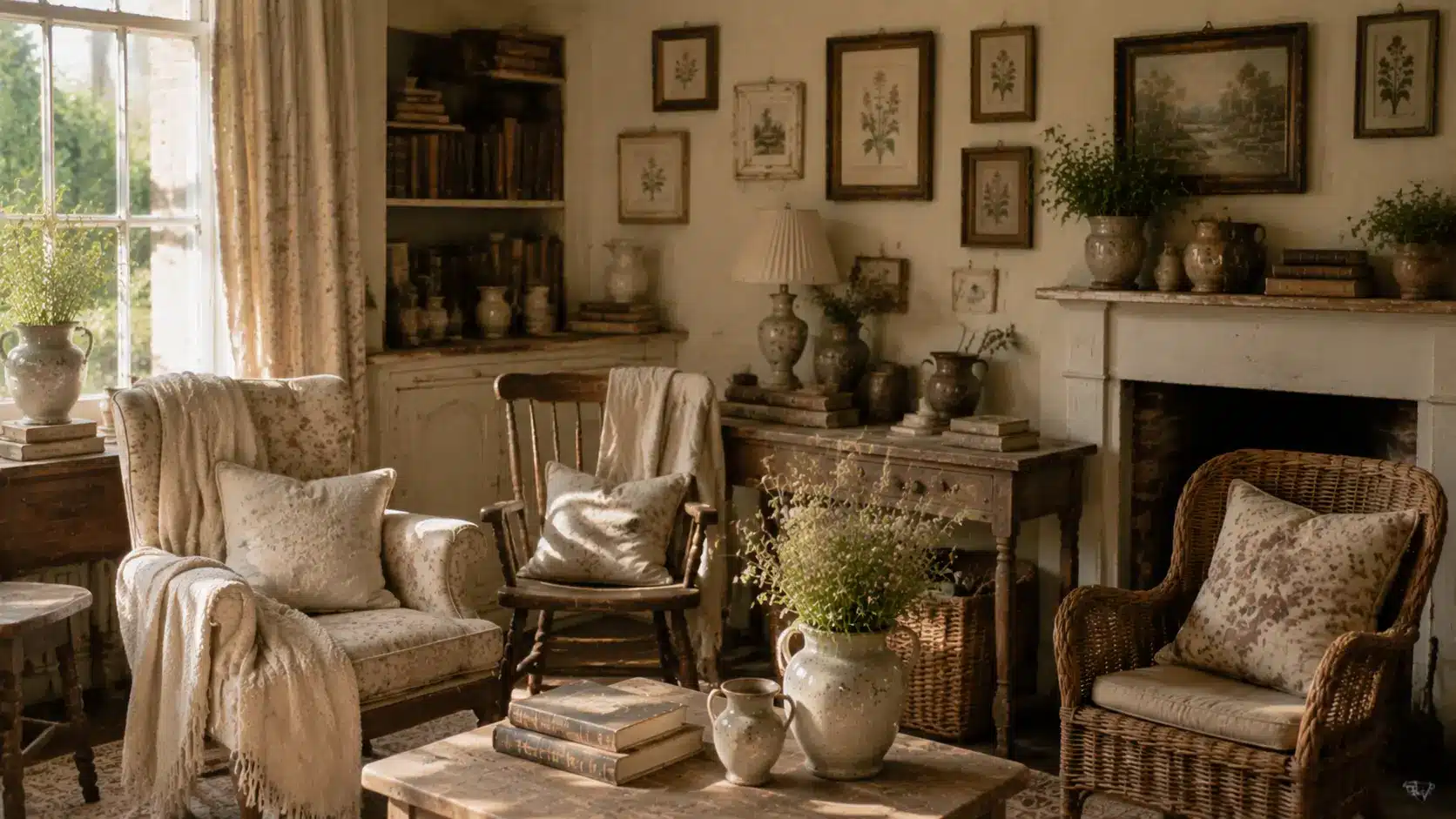 English cottage room with mismatched vintage furniture and decor