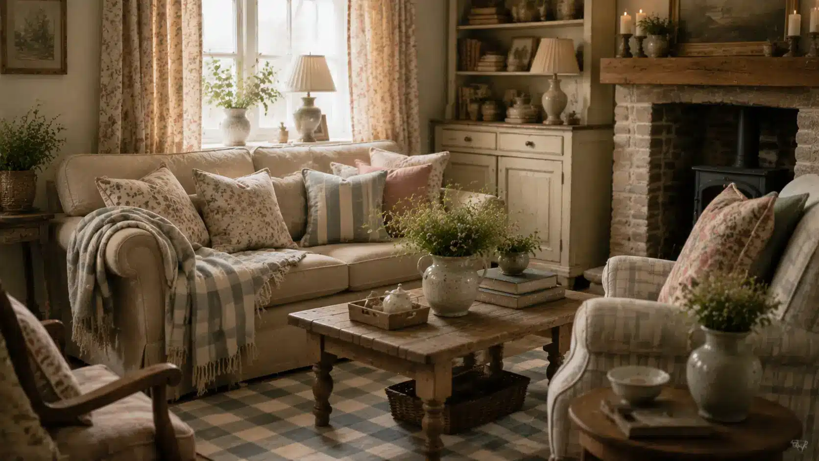 English cottage room with mixed floral and striped patterns