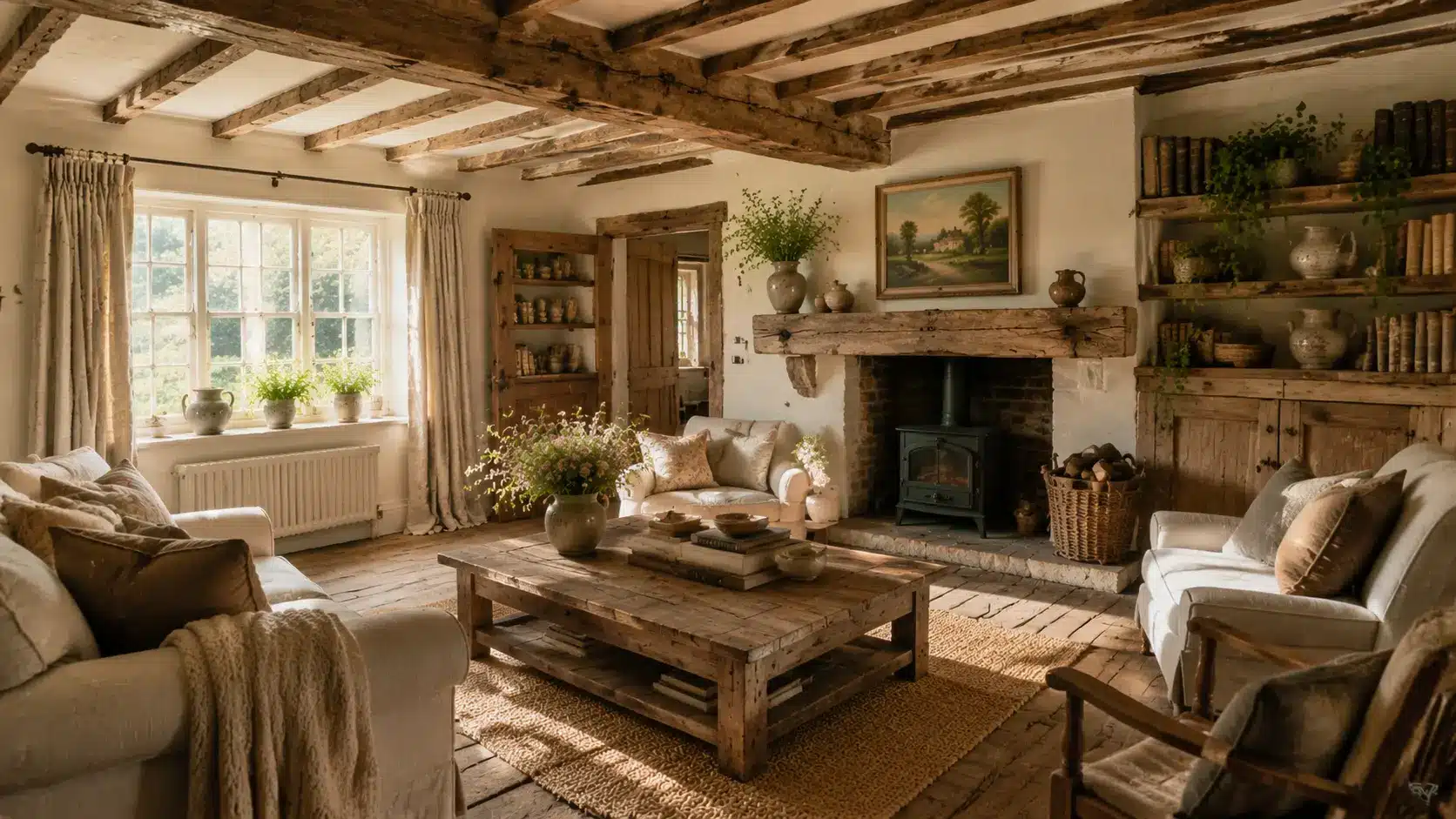 English cottage room with reclaimed wood furniture and beams