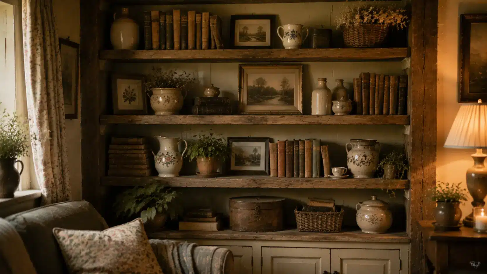 English cottage shelves with books and vintage decor