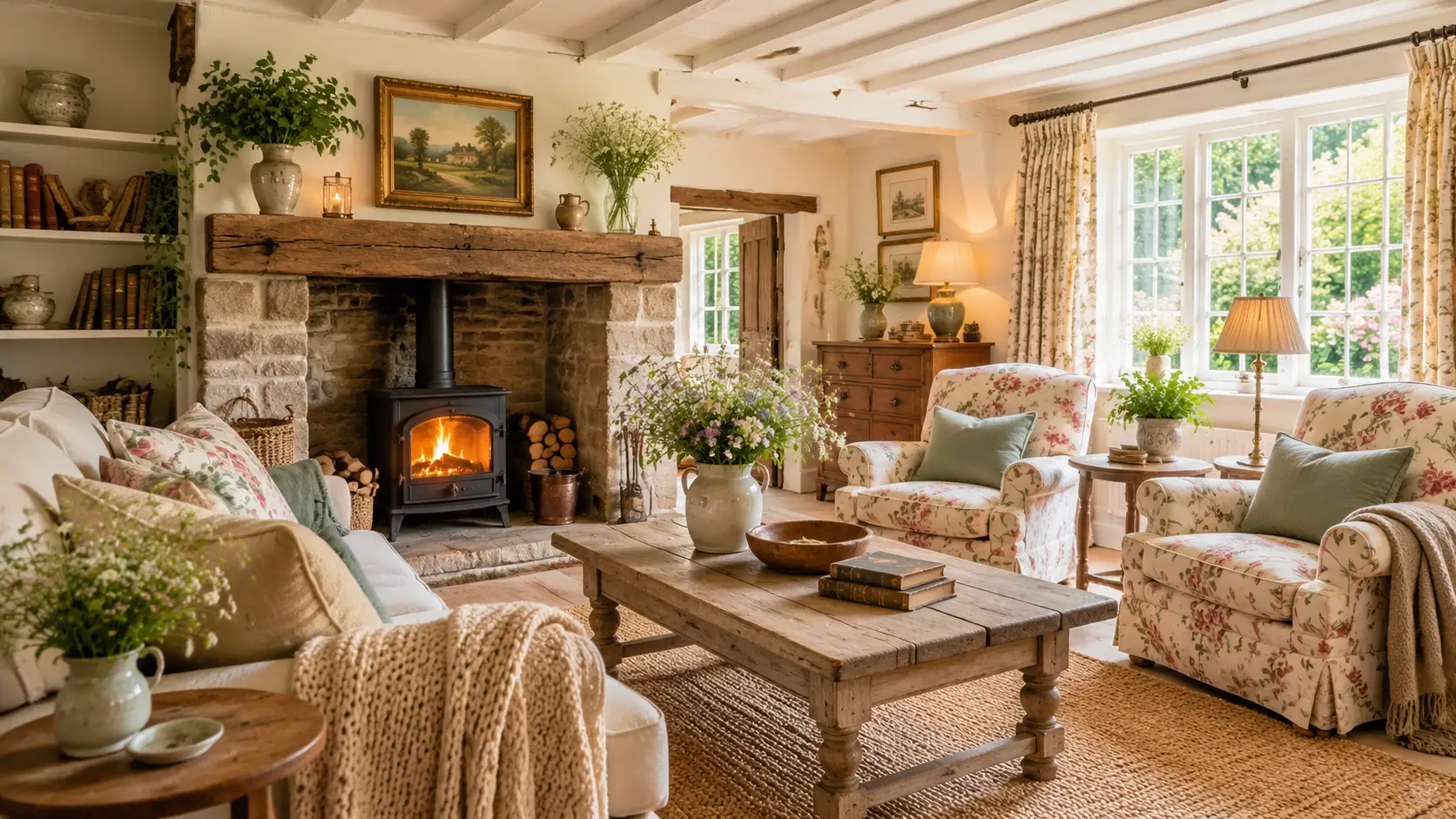 English cottage style living room with vintage furniture and cozy decor