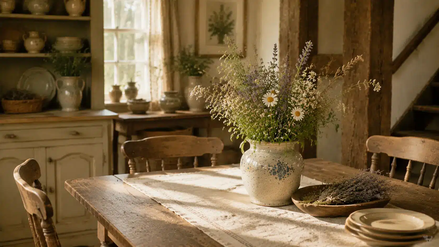 English cottage table decorated with fresh and dried flowers