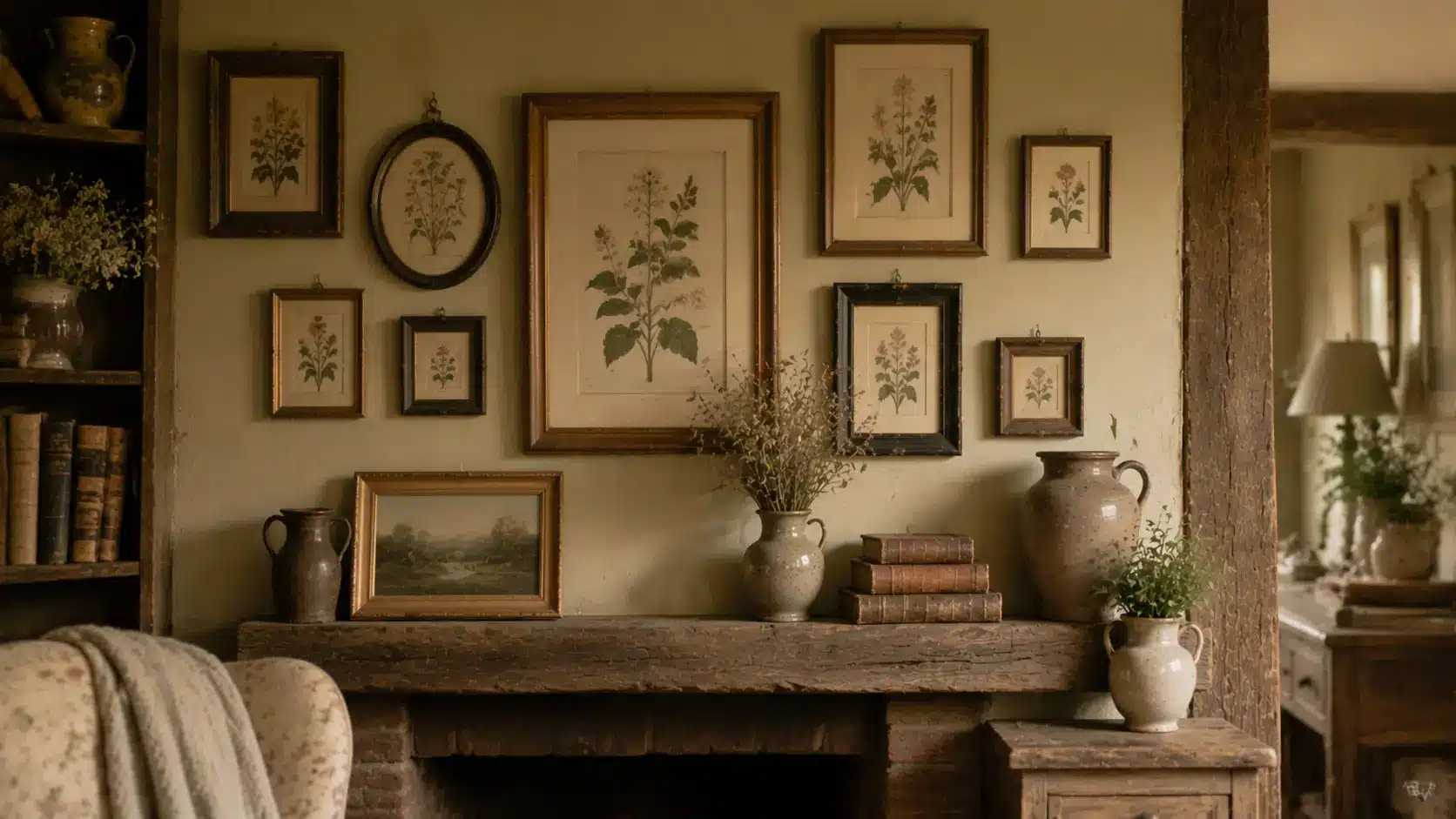 English cottage wall with vintage botanical artwork and frames