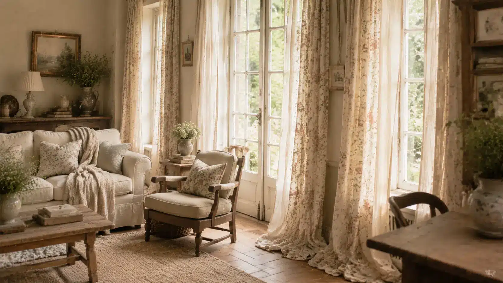 English cottage window with soft linen and floral curtains