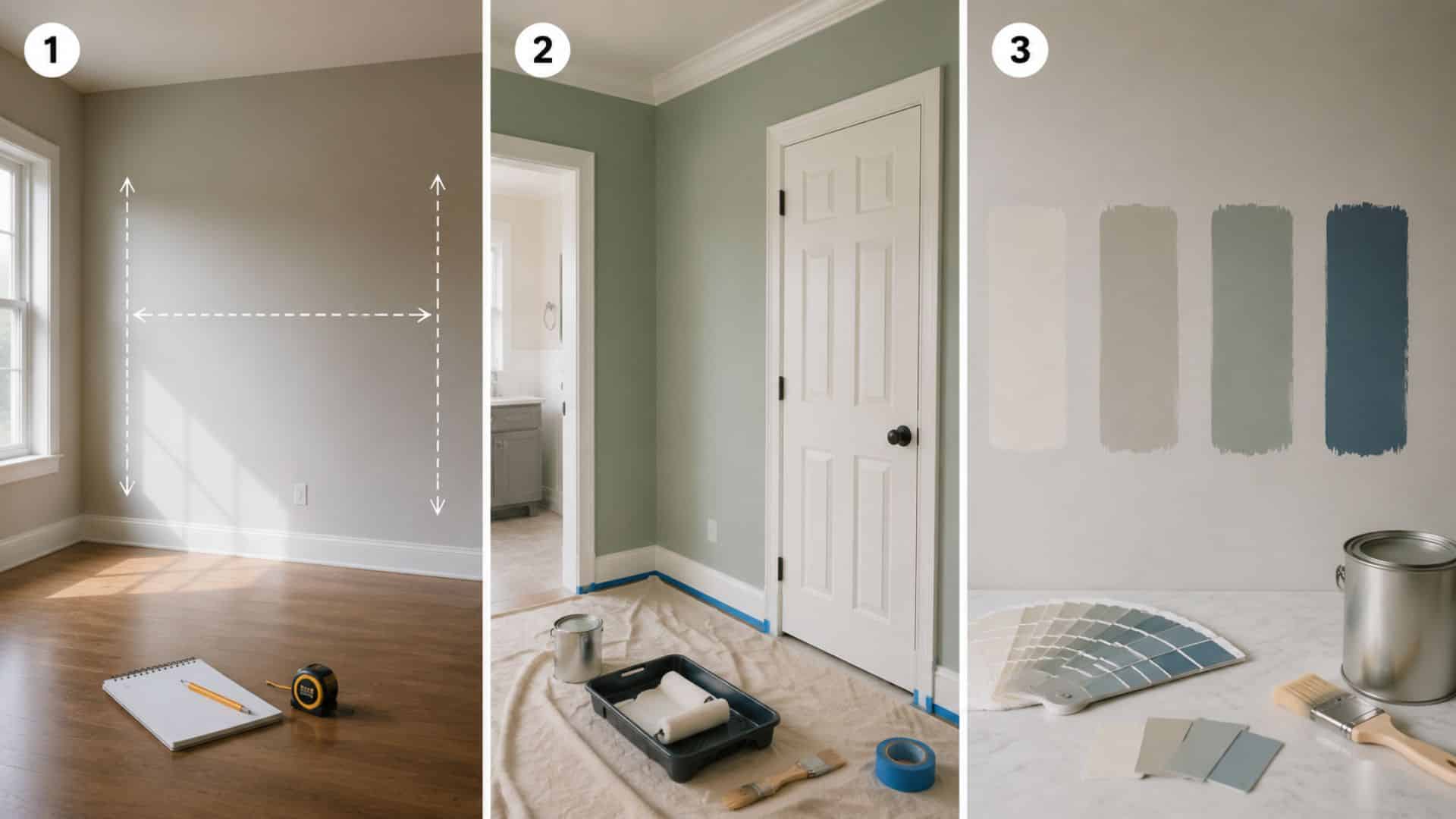 Cost estimation guide for interior painting showing measuring wall area, defining scope of work, and selecting paint finish in three step visual layout