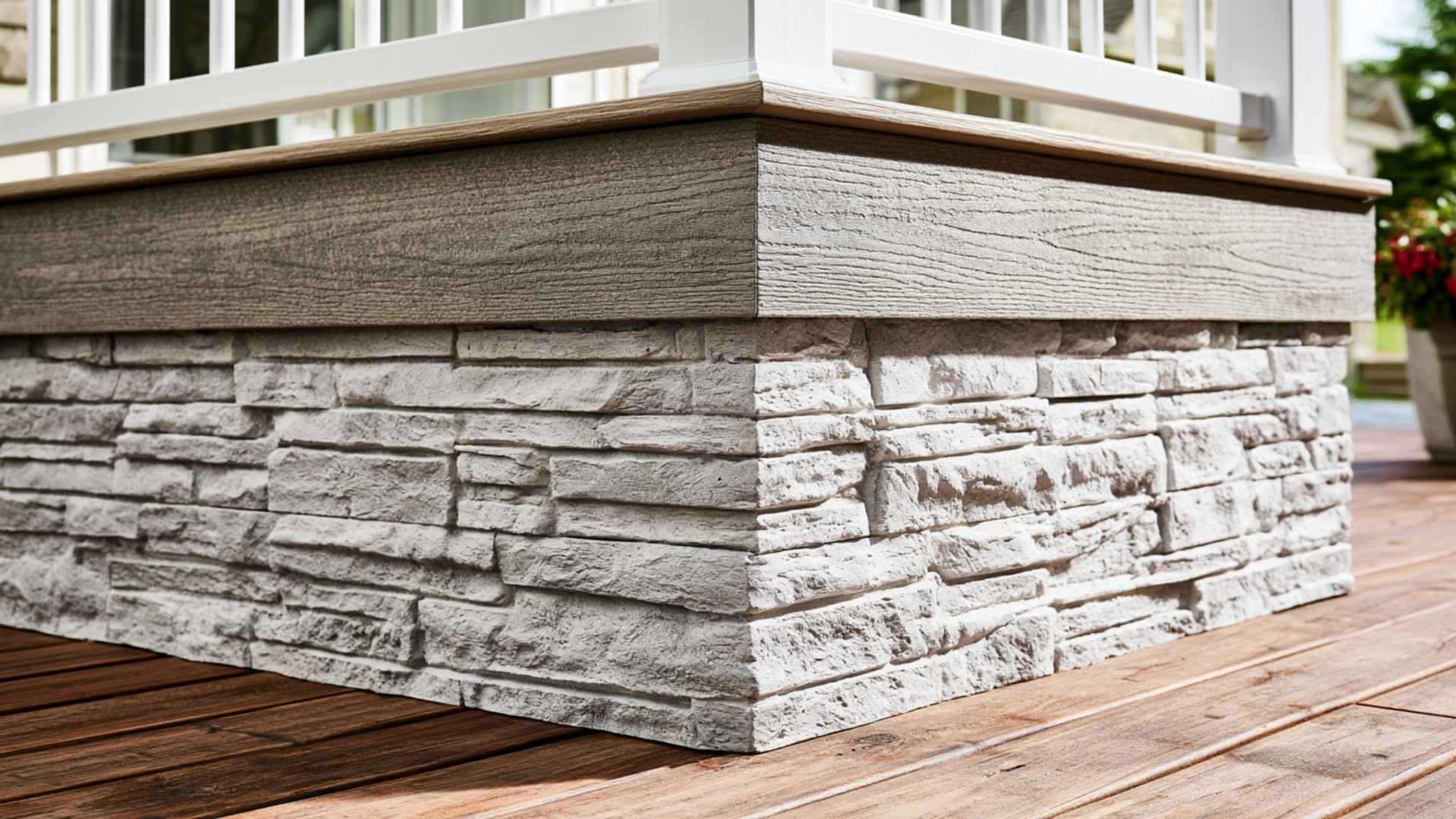 Gray faux stone veneer deck skirting paired with wood trim and white railing post.