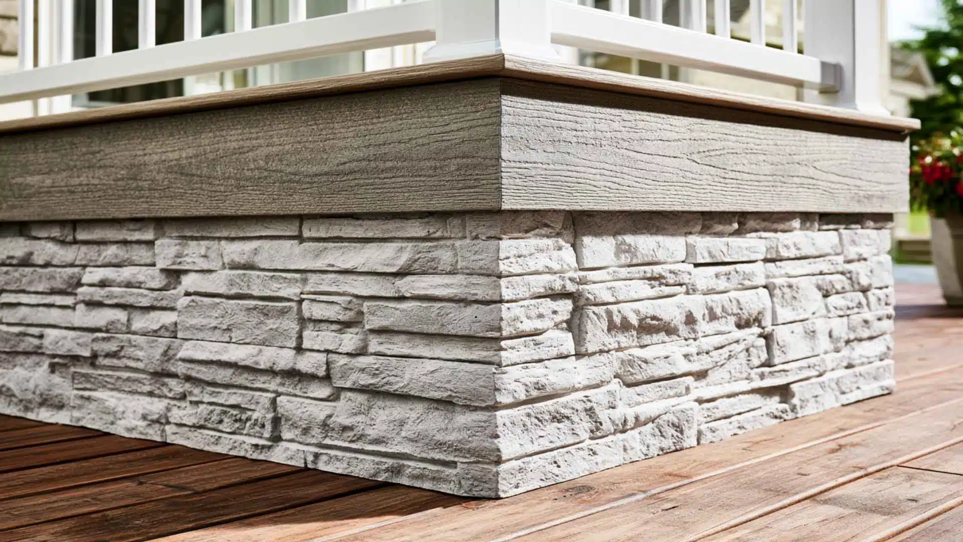 Gray faux stone veneer deck skirting paired with wood trim and white railing post.