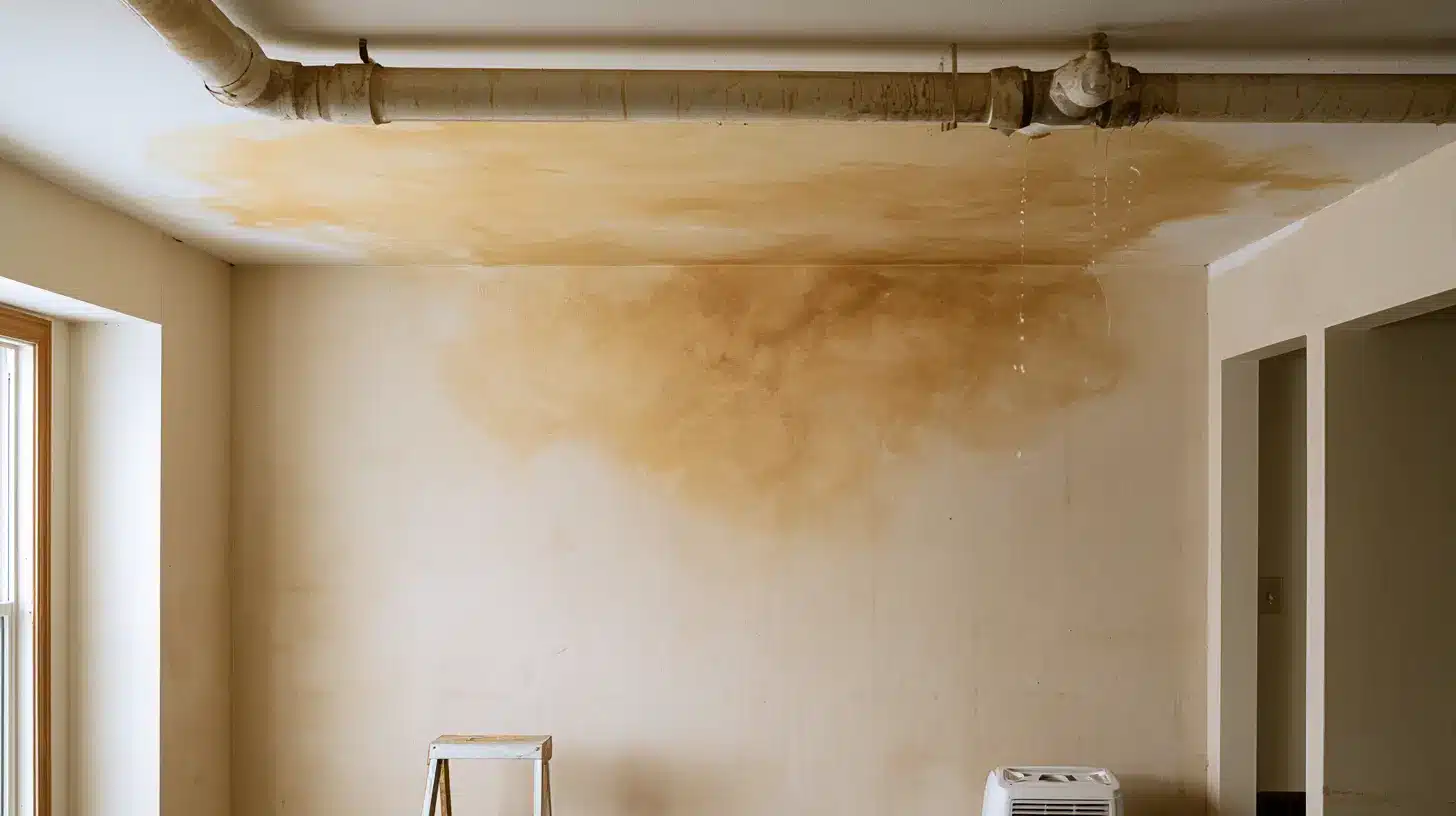 Ceiling water stain caused by water leak in older home showing real inspection and repair setup