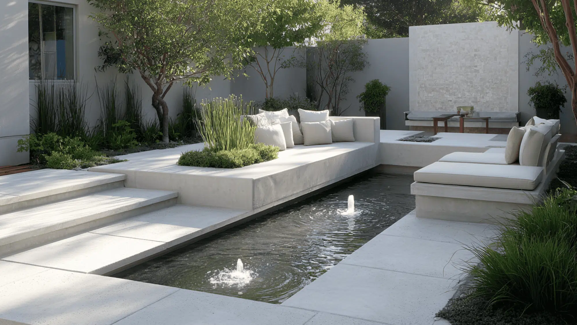 Modern backyard with built-in rectangular fire pit flush with patio and single-spout water feature