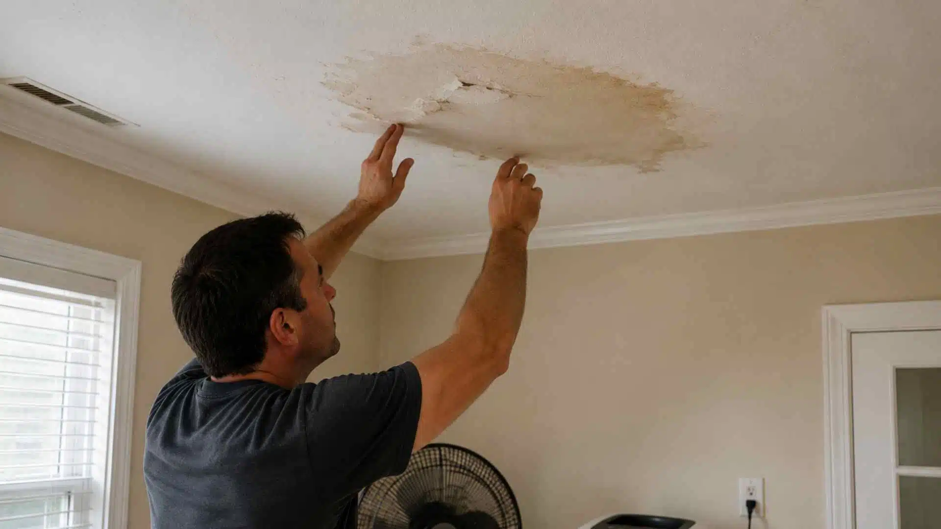 Water-stained ceiling with AC pipe leak dripping onto beige ceiling in older American home interior