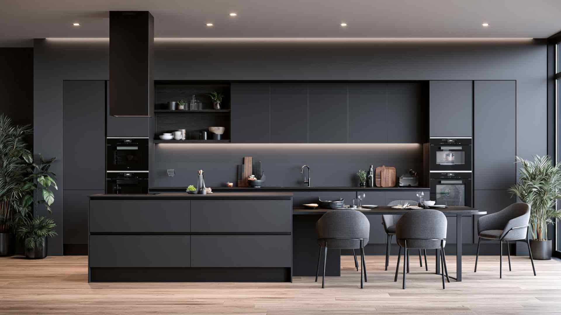 Flat panel slab kitchen cabinets with seamless handleless design in modern minimalist interior space
