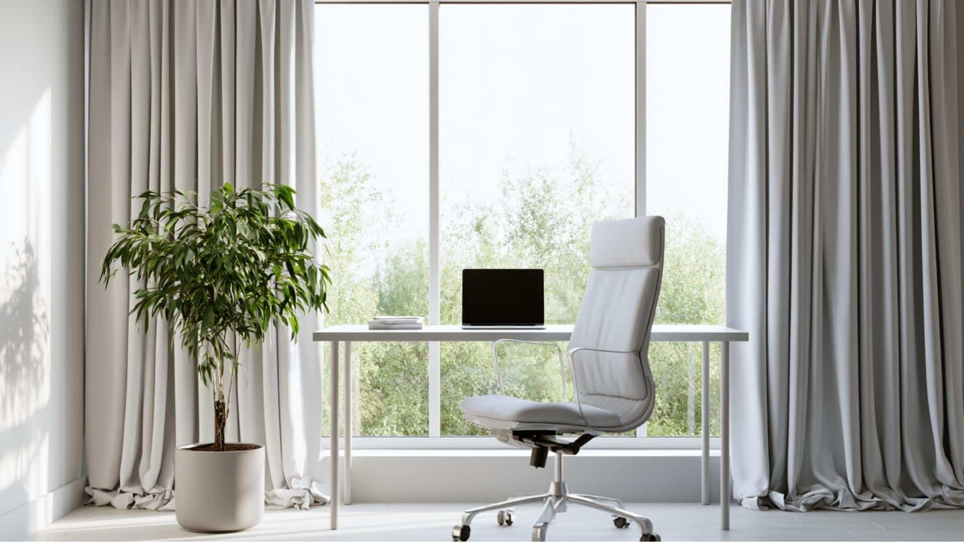Gray flat panel curtains flanking a large window in a bright minimalist home office with indoor plant