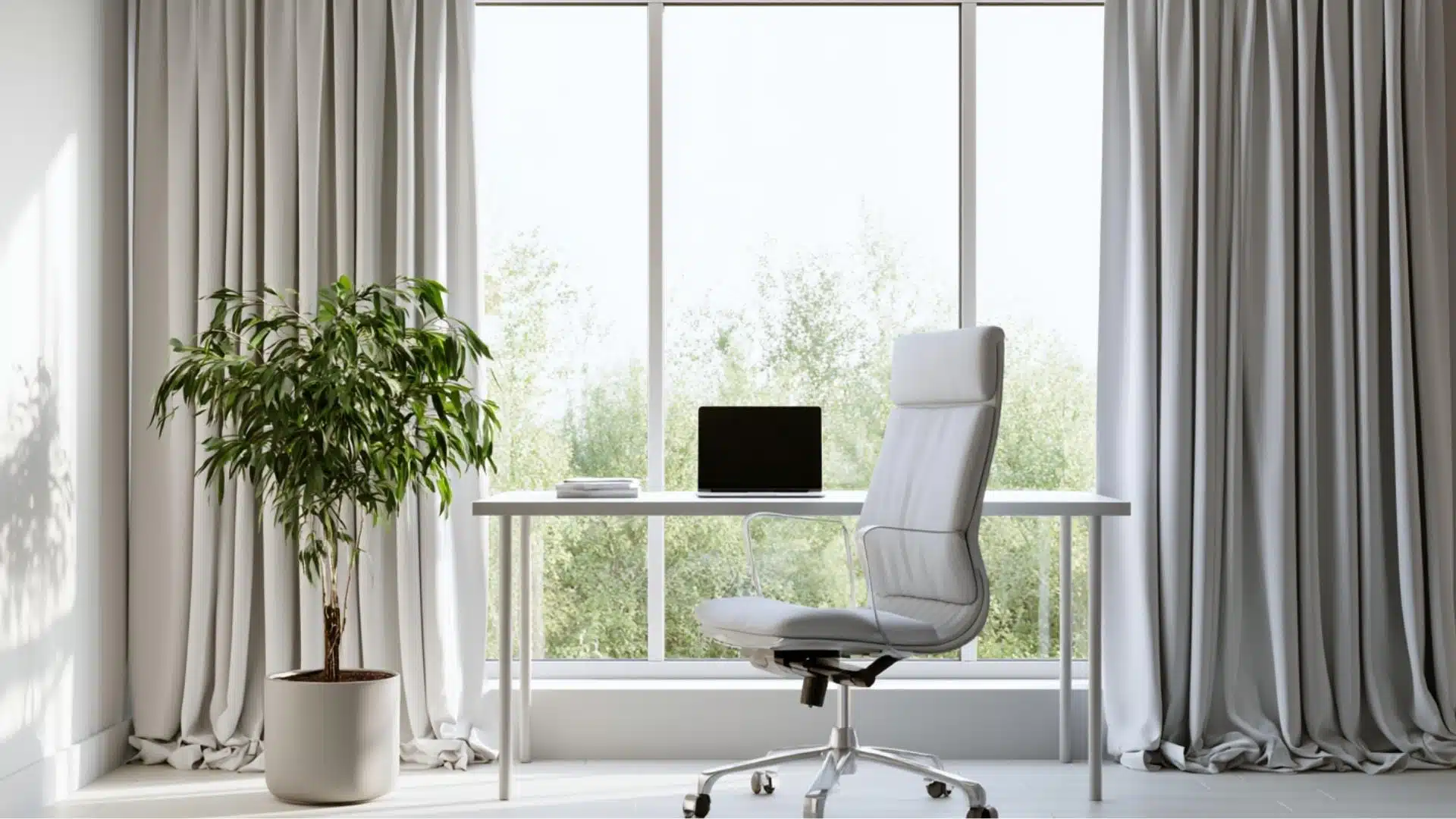 Gray flat panel curtains flanking a large window in a bright minimalist home office with indoor plant